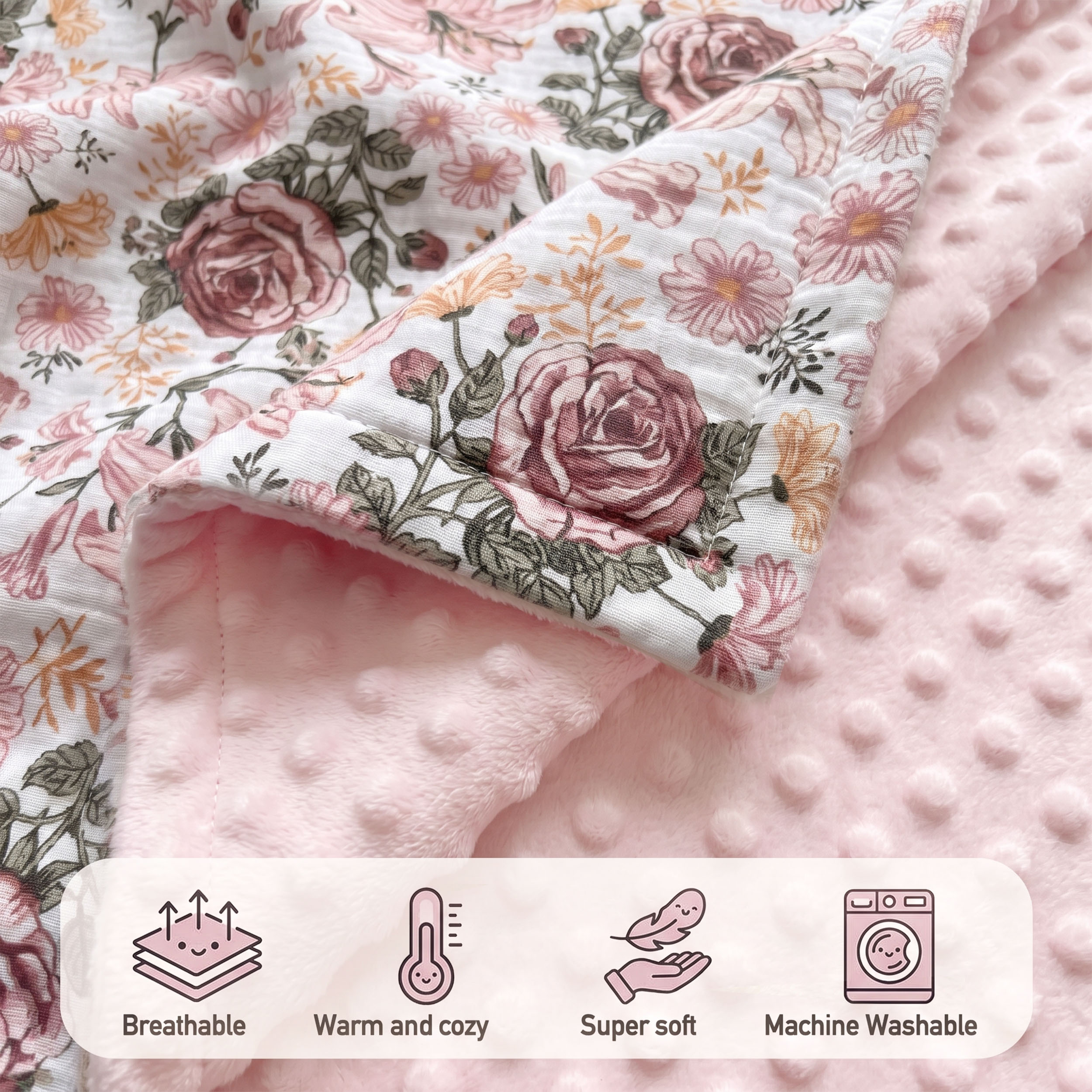 Vintage Rose Serenade | Muslin and Fleece Plush Dot Blanket | 30''*40''