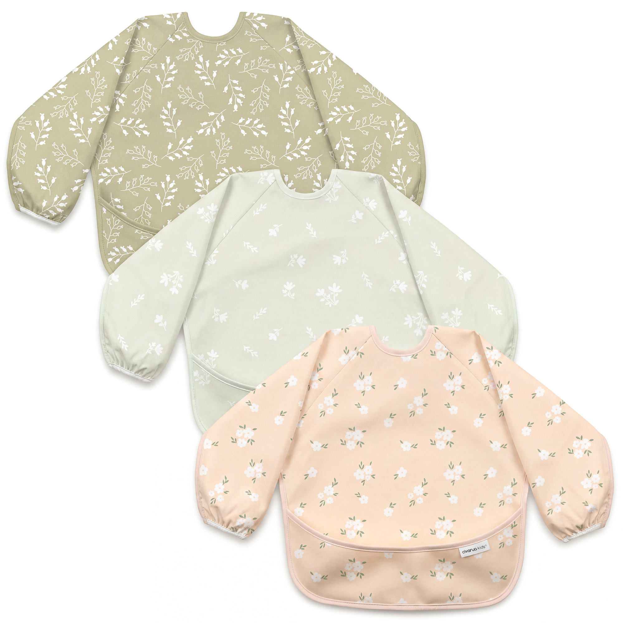 Sage Flora Whisper | Waterproof Smock Bibs 3 Pack | 6-24 Months