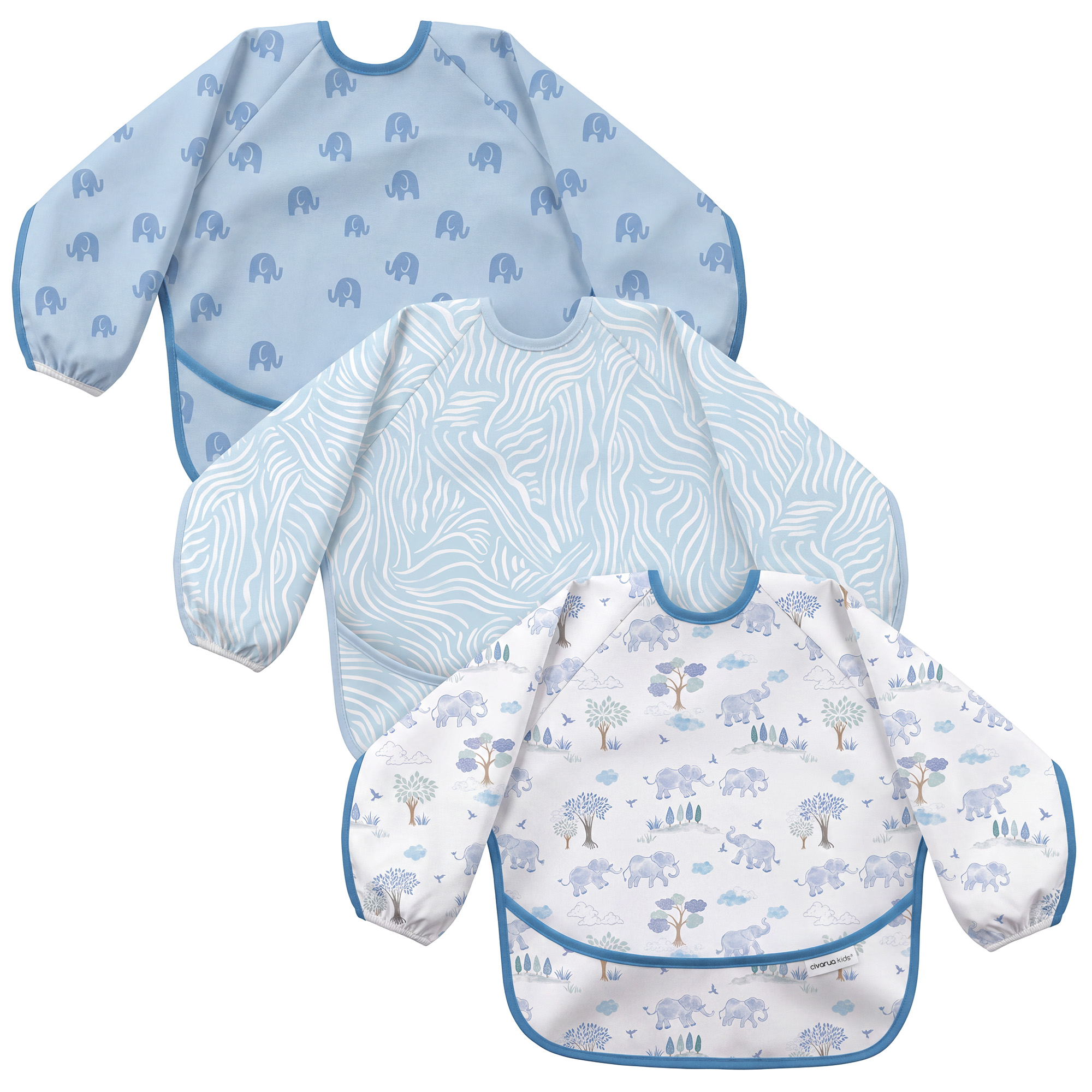 Blue Elephant & Stripes | Waterproof Smock Bibs 3 Pack | 6-24 Months