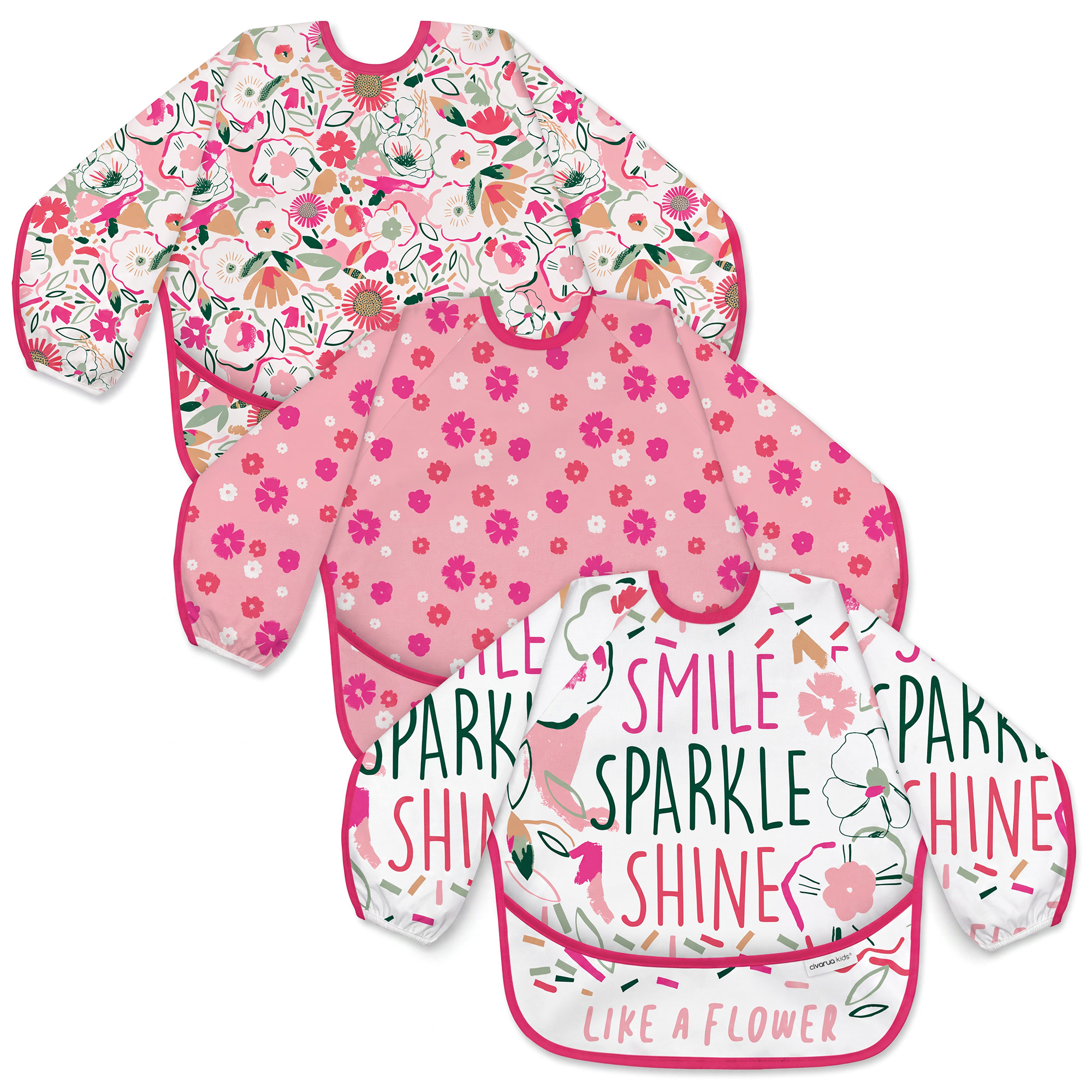 Pink Floral Bloom | Waterproof Smock Bibs 3 Pack | 6-24 Months