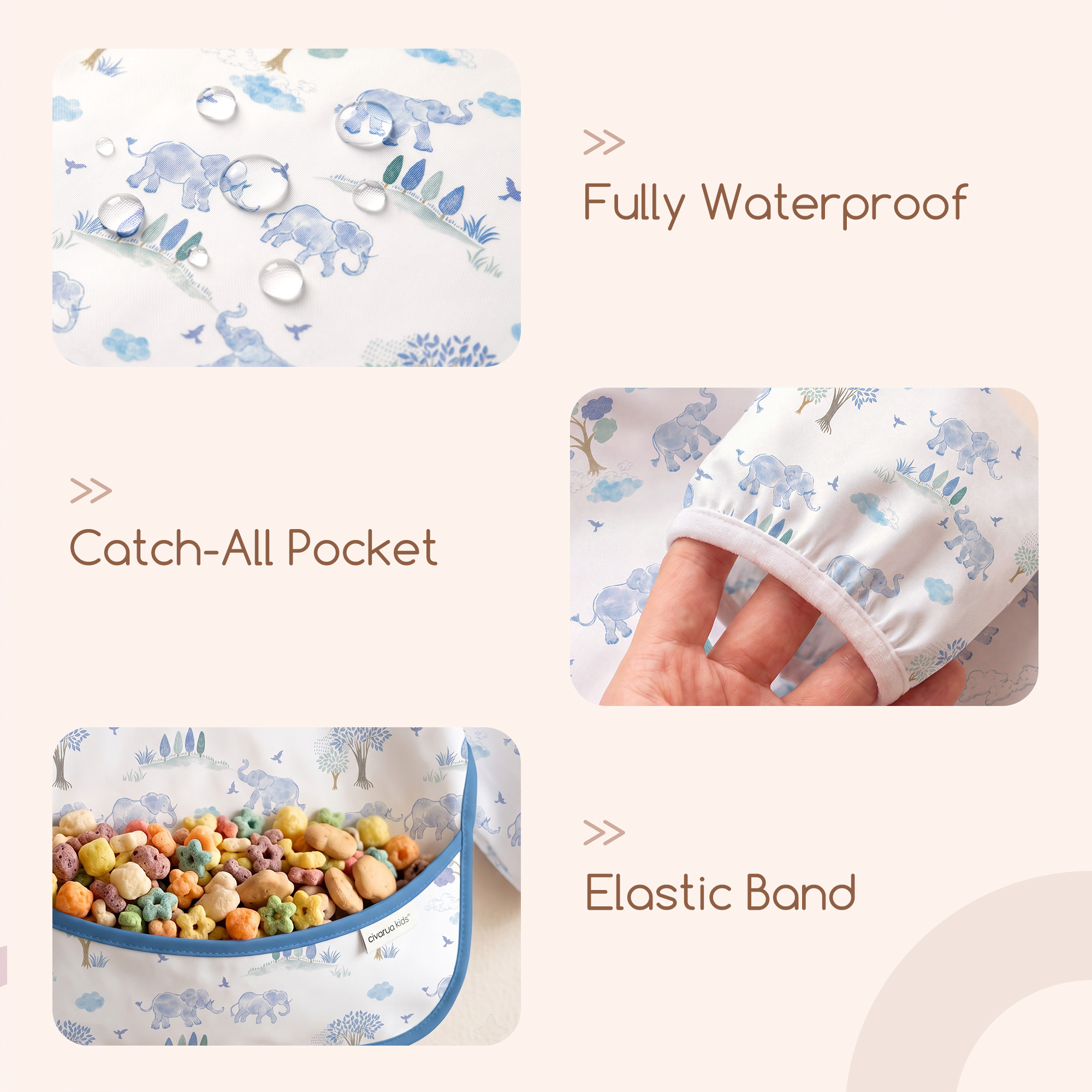 Blue Elephant & Stripes | Waterproof Smock Bibs 3 Pack | 6-24 Months