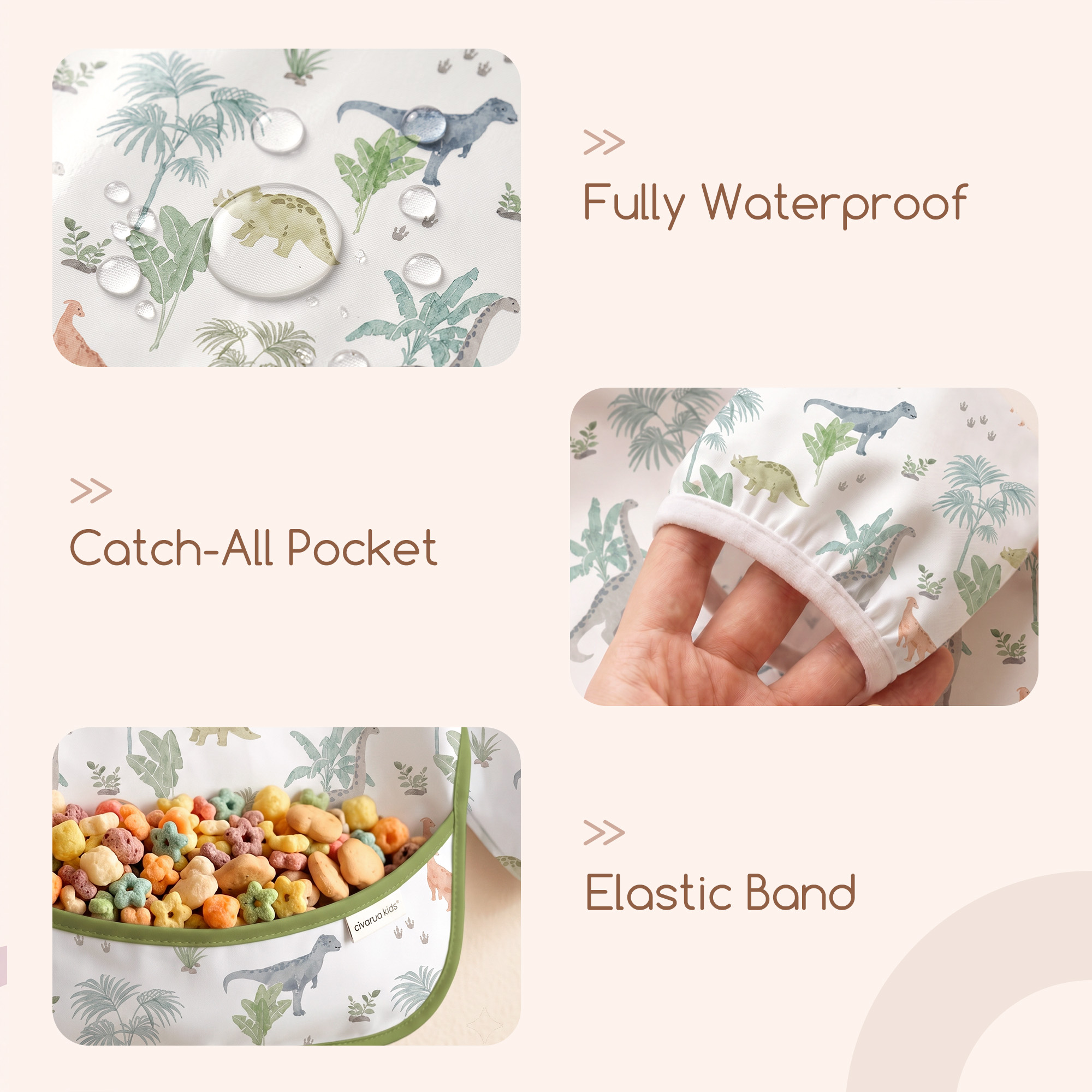 Green Dino Forest | Waterproof Smock Bibs 3 Pack | 6-24 Months