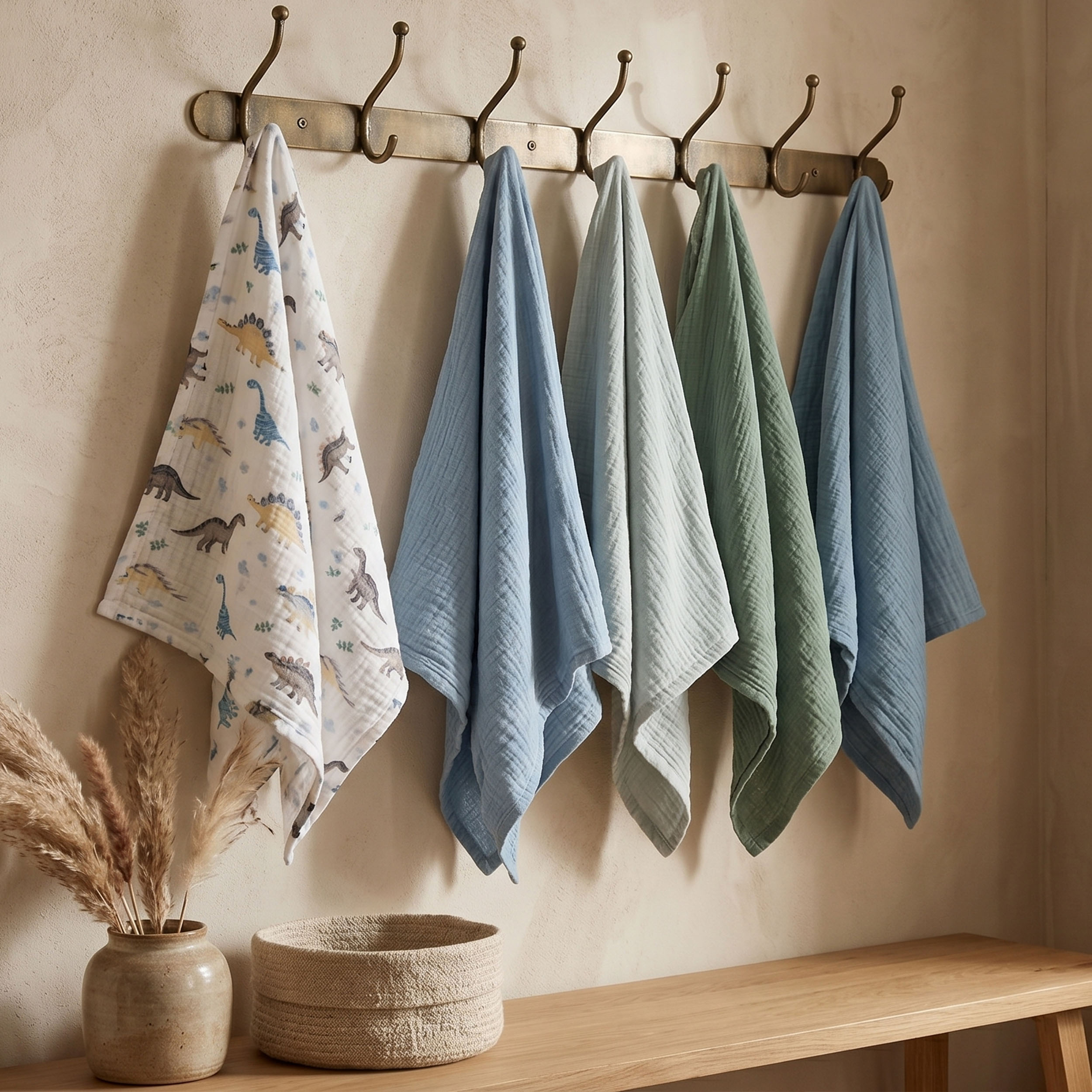 Muslin Swaddle Blankets 5-Pack, 23.5"x23.5" - Blue Dino World