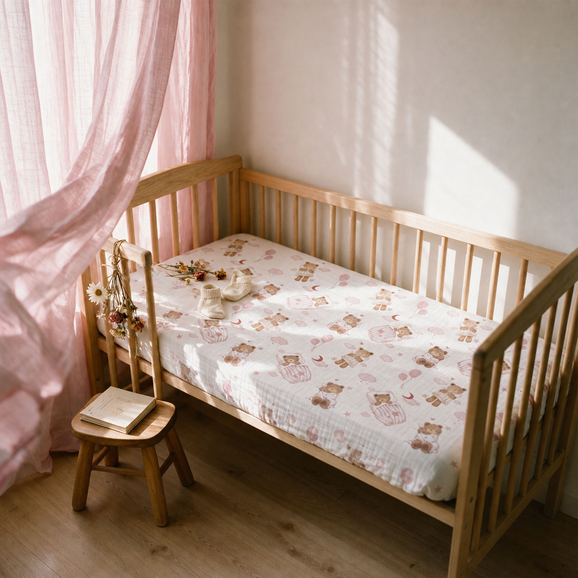 Blush Bear Slumber | Muslin Crib Sheets 2-Pack | 52''*28''
