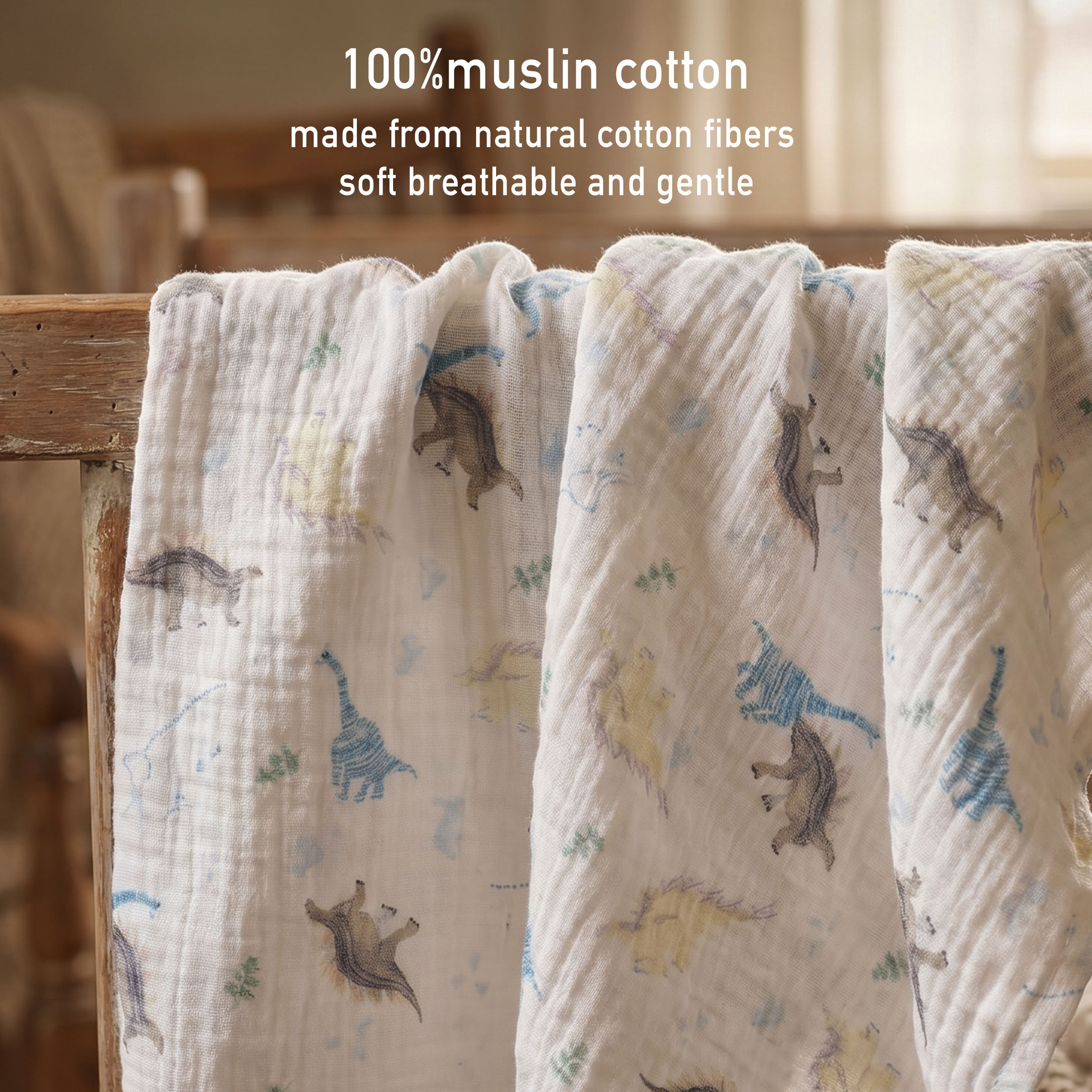 Muslin Swaddle Blankets 5-Pack, 23.5"x23.5" - Blue Dino World