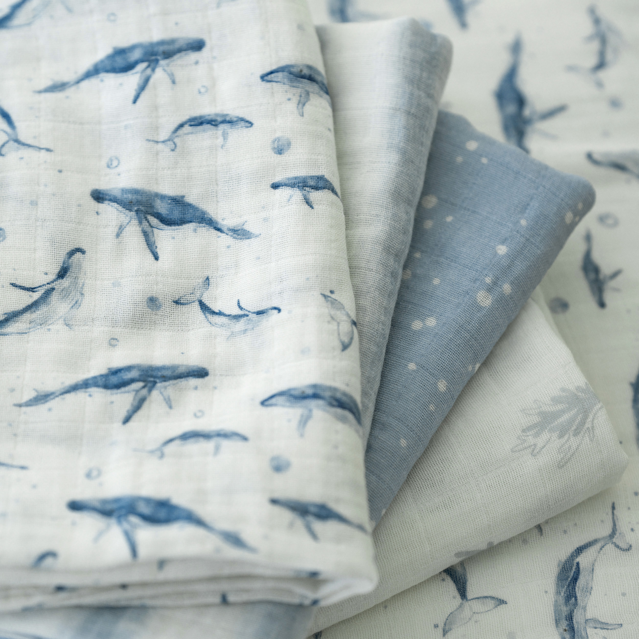 Muslin Swaddle Blankets 4-Pack | 31.5x43.3" | Blue Whale Whisper