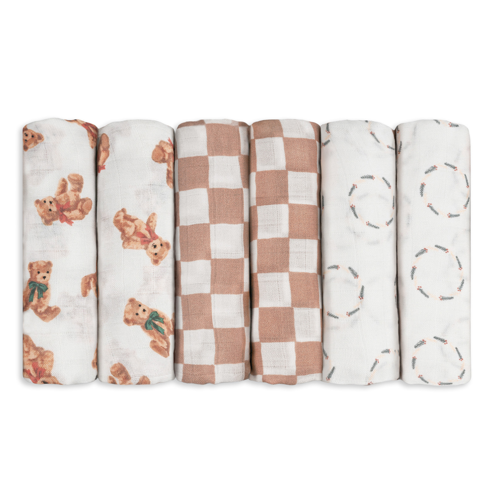 Muslin Swaddle Blankets 6-Pack | 27x27" | Christmas Bear