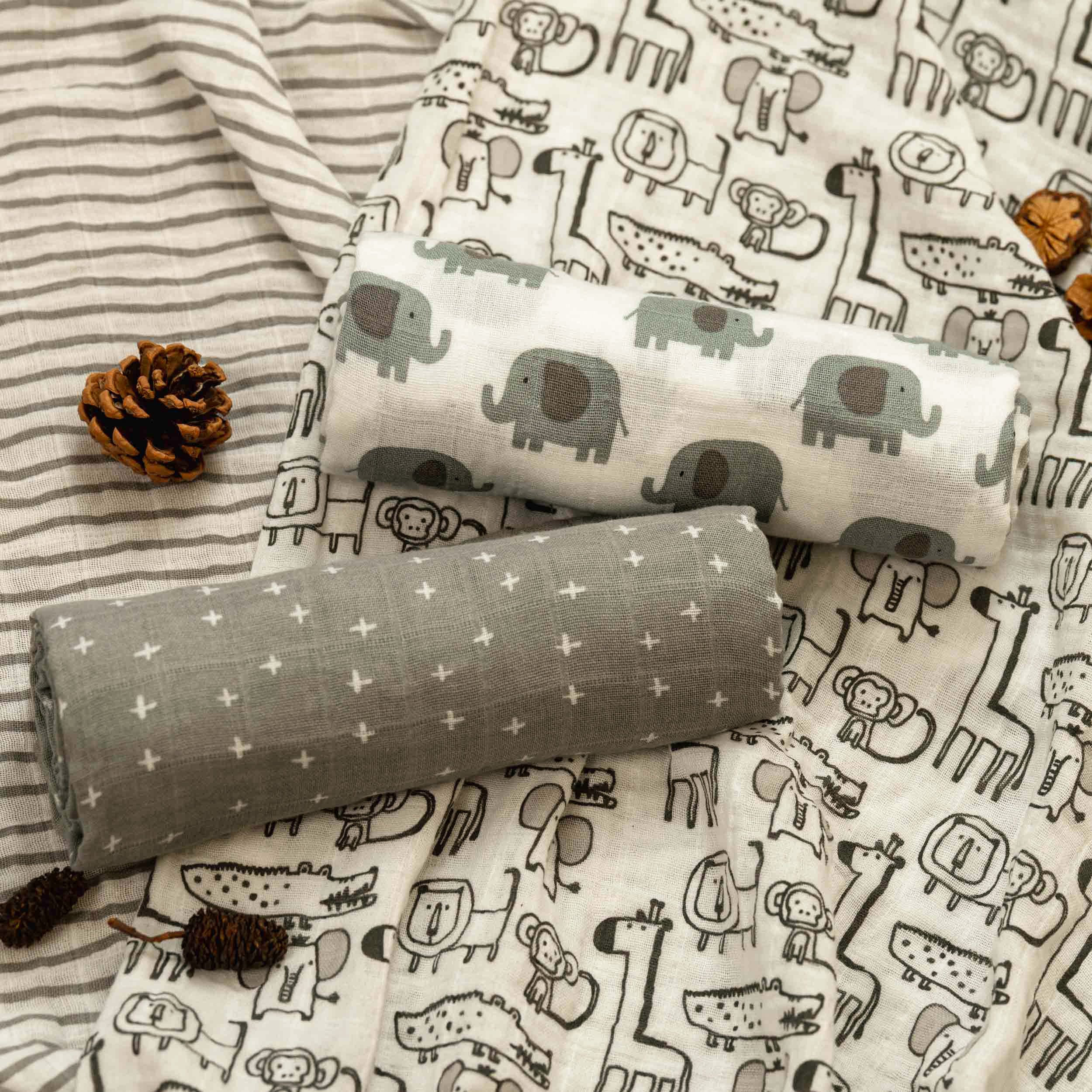 Muslin Swaddle Blankets 4-Pack | 31.5x43.3" | Grey Safari