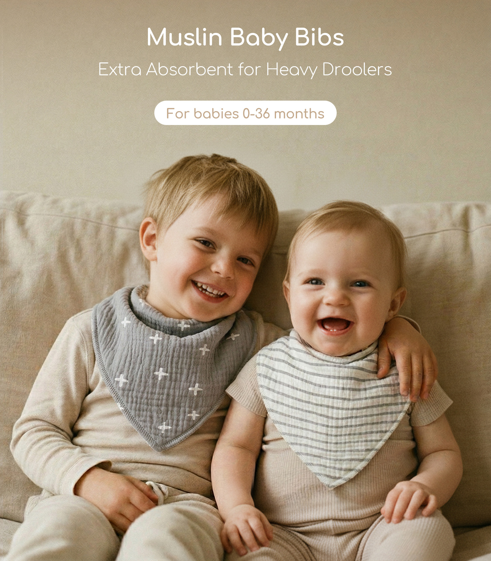 Grey Safari | Soft & Absorbent Muslin Bandana Bibs 8 Pack