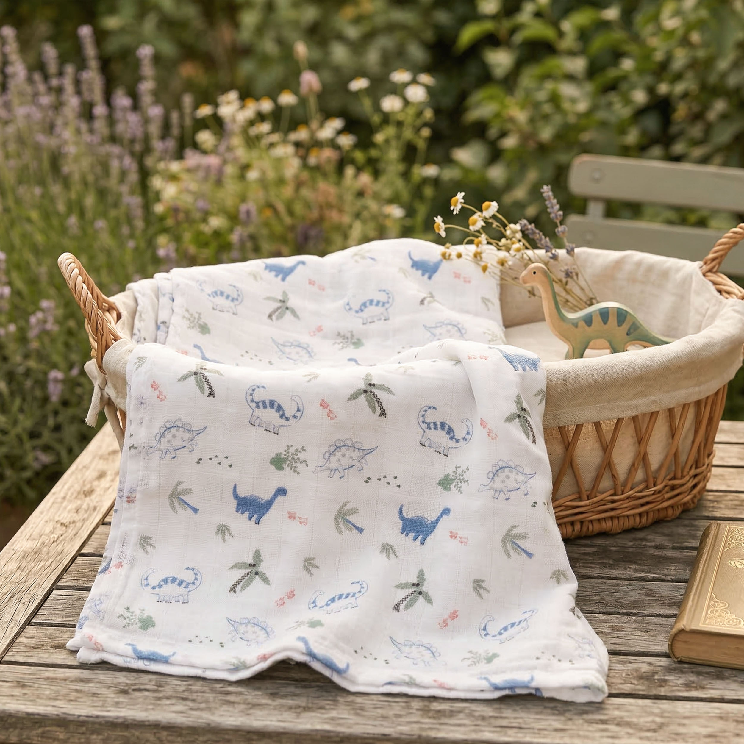 Muslin Swaddle Blankets 6-Pack | 27x27" | Little Dino's Blue Forest