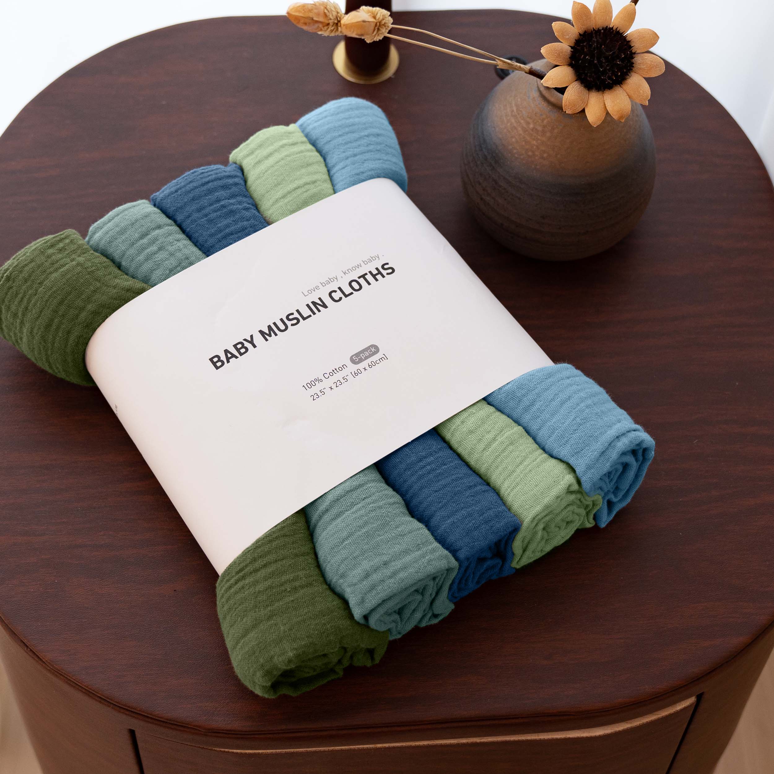 Muslin Swaddle Blankets 5-Pack | 23.5"x23.5" | Verdant Tide
