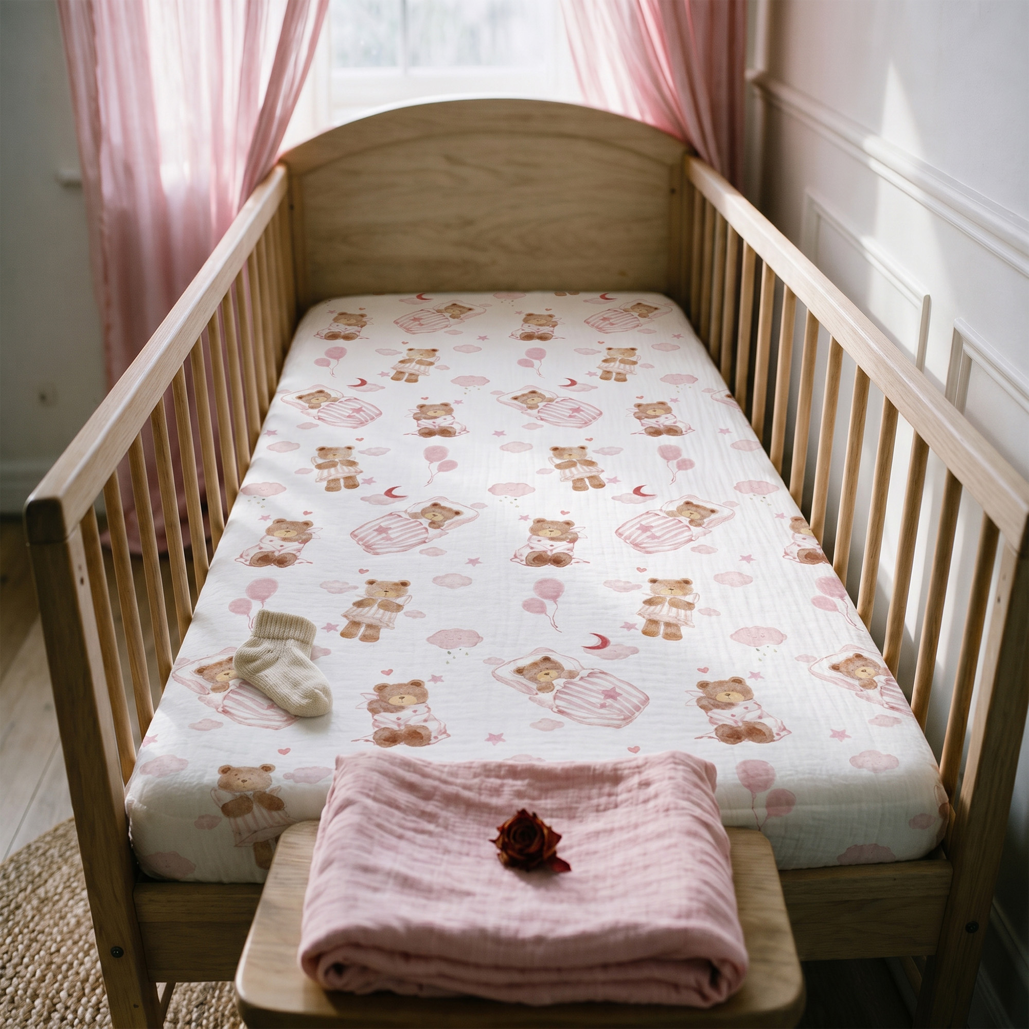 Blush Bear Slumber | Muslin Crib Sheets 2-Pack | 52''*28''