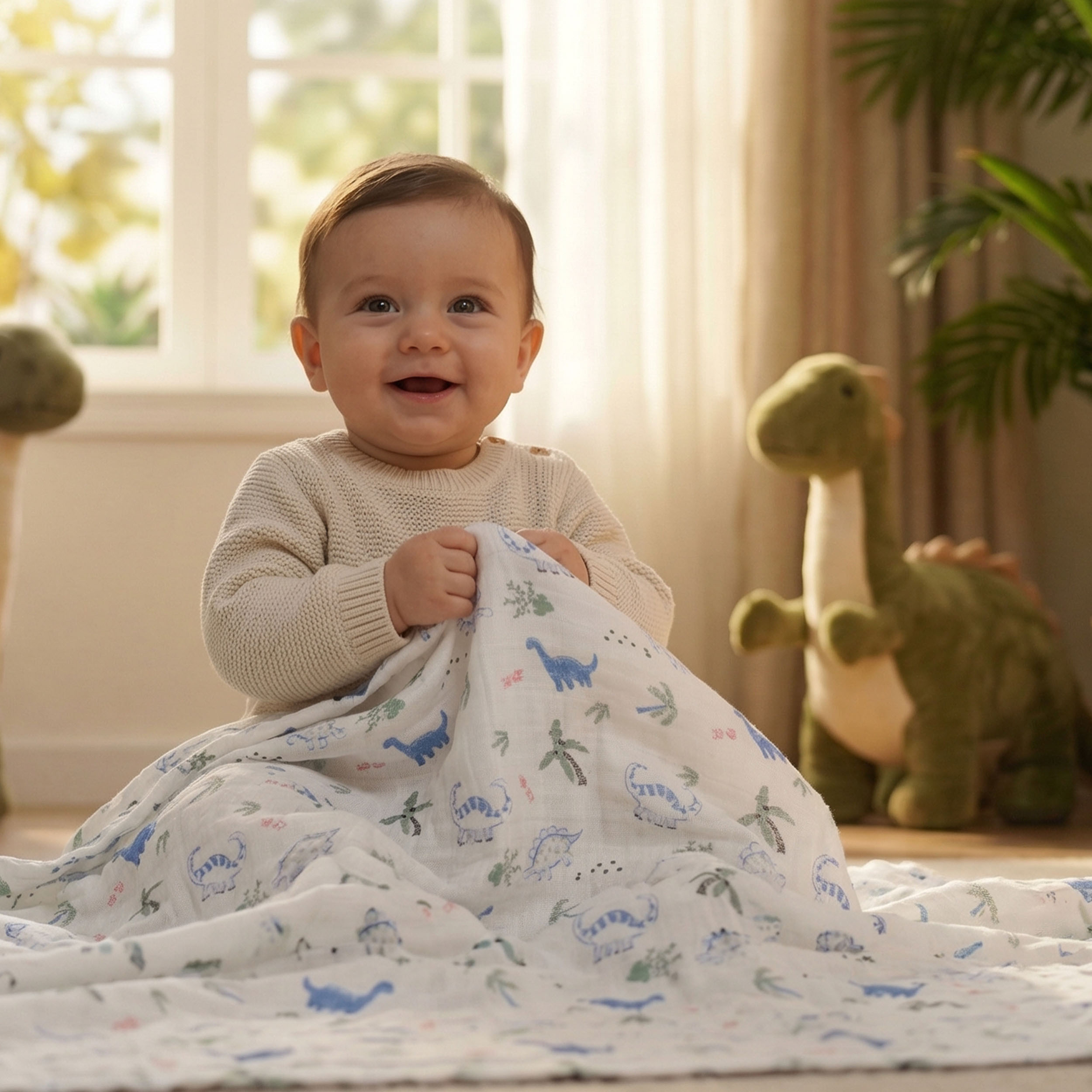 Muslin Swaddle Blankets 4-Pack | 35"x40" | Little Dino's Blue Forest