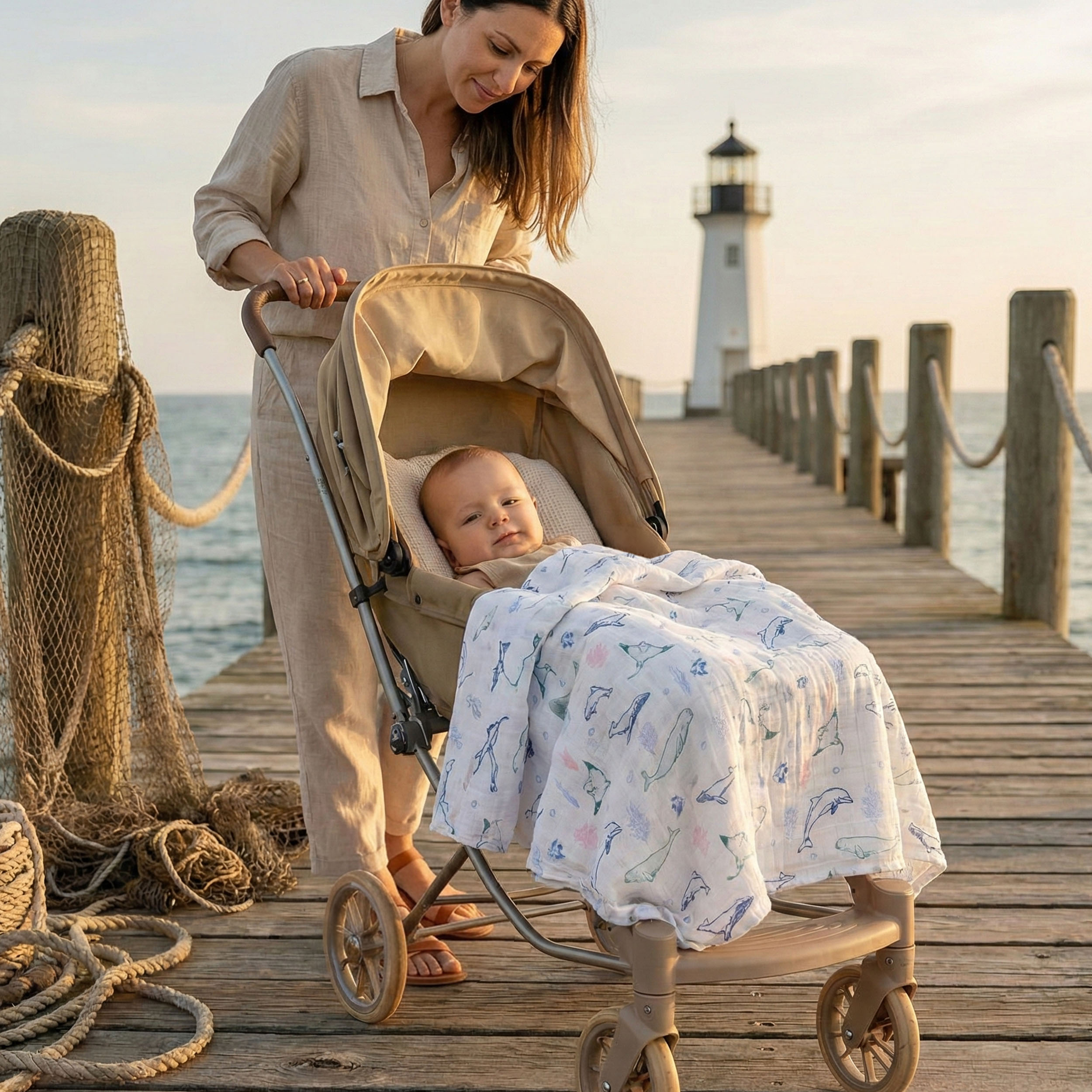 Muslin Swaddle Blankets 4-Pack | 35"x40" | Ocean Whimsy