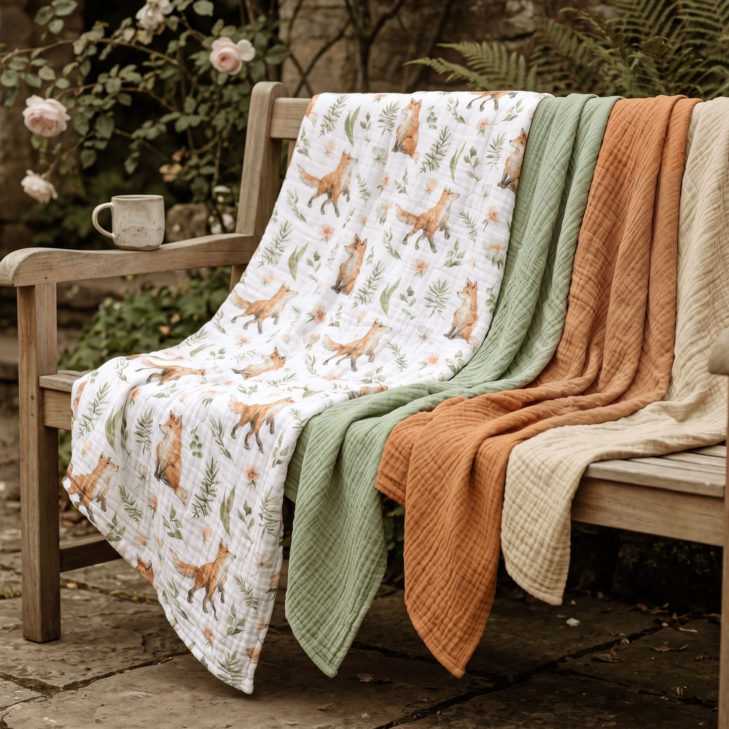 Muslin Swaddle Blankets 4-Pack | 38"x40" | Forest Fox Meadow