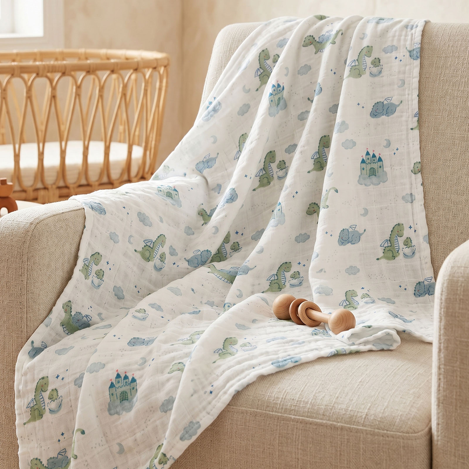 Muslin Swaddle Blankets 4-Pack | 31.5x43.3" | Fairytale Dragon and Castle