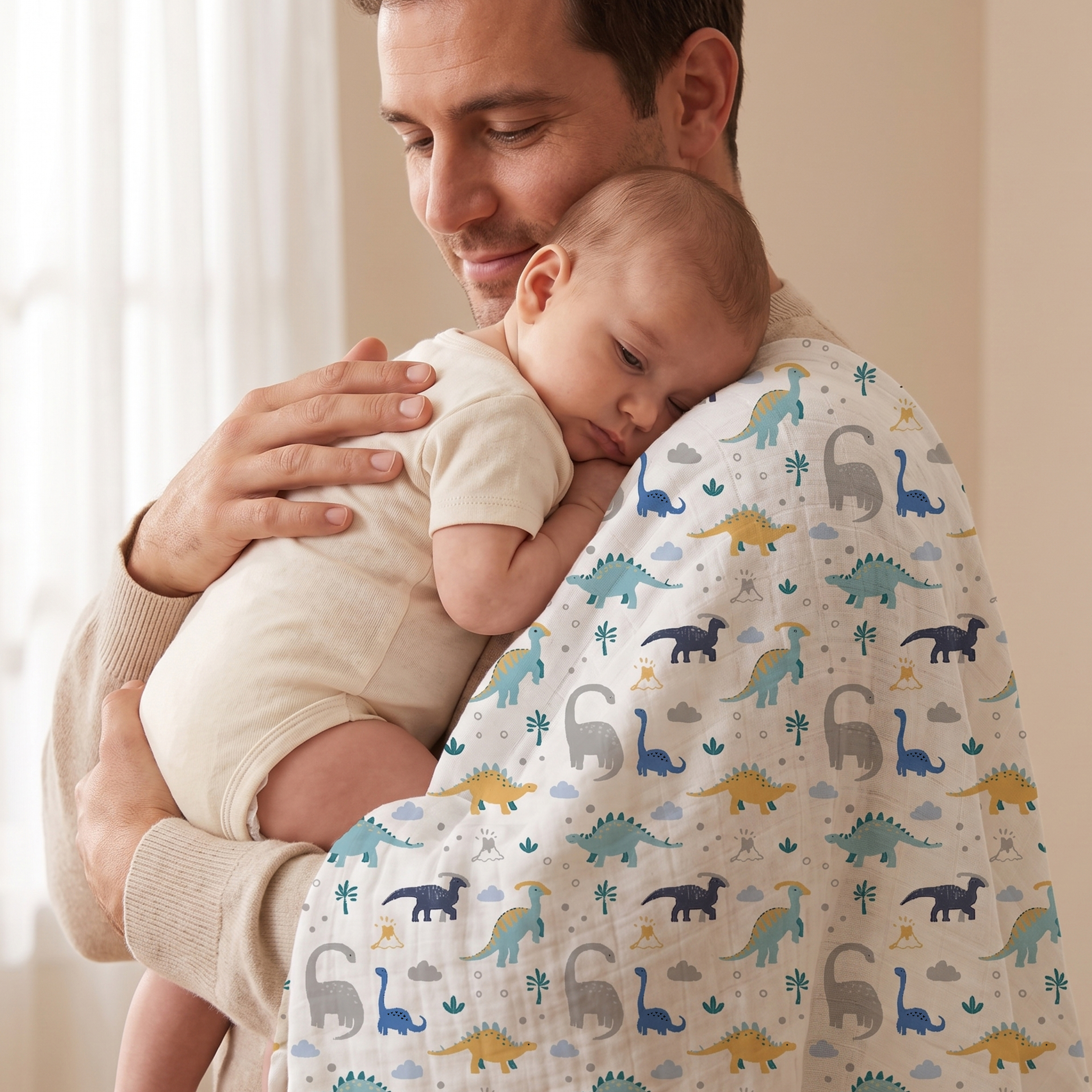 Muslin Swaddle Blankets 4-Pack | 35"x40" | Tropical Dino  Print