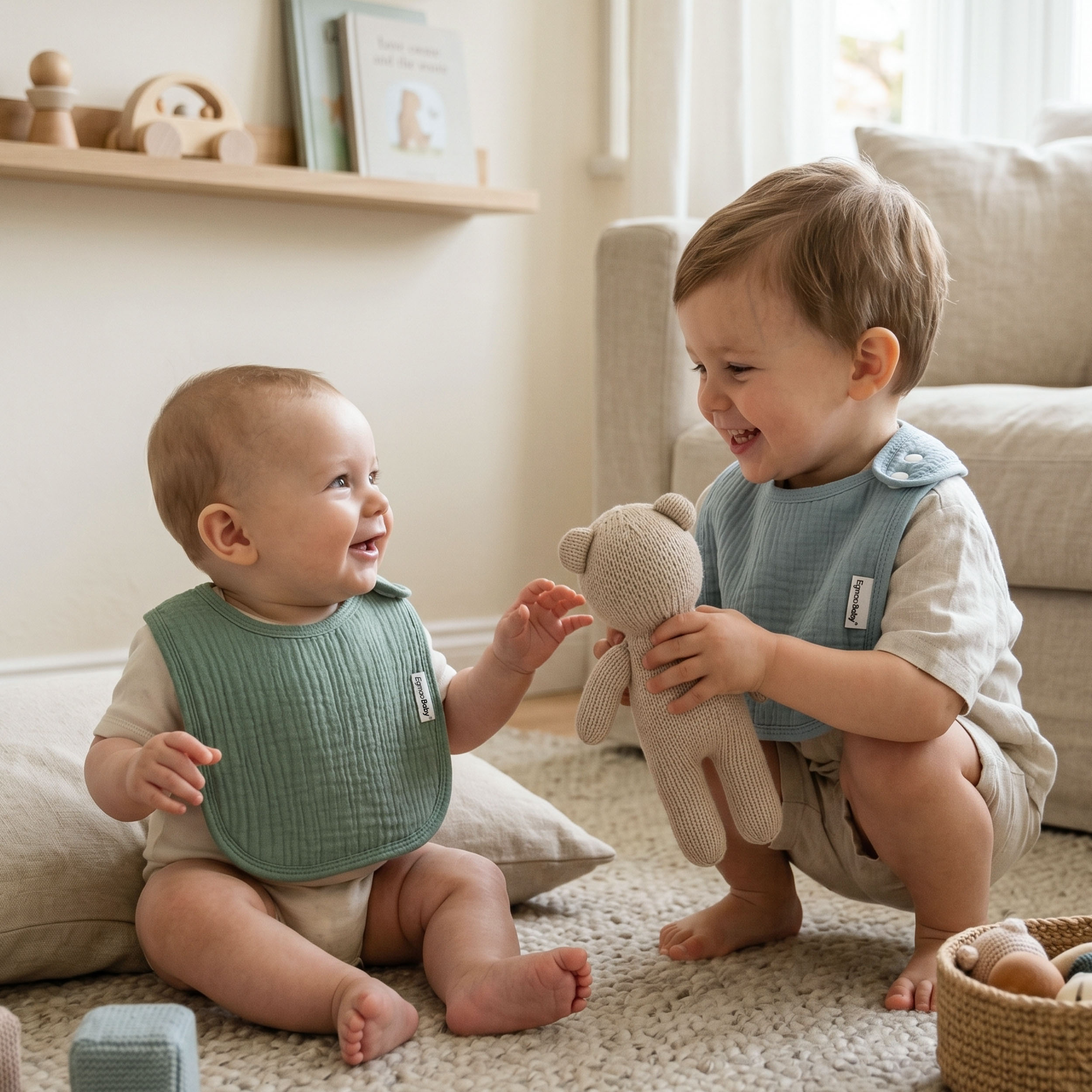 Neutral Sage and Blue | baby muslin bibs 5 pack | 0-36 months