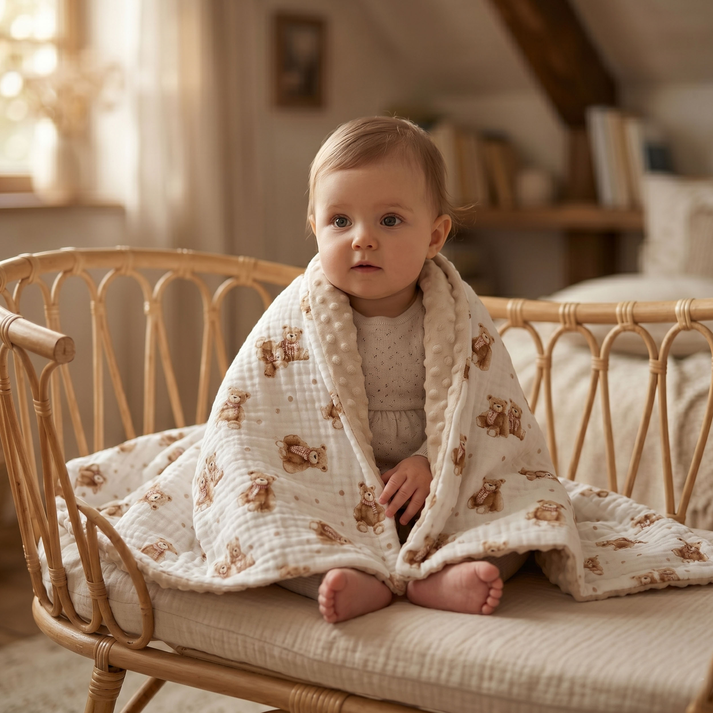 Creamy Ribbon Teddy | Muslin and Fleece Plush Dot Blanket | 30''*40''