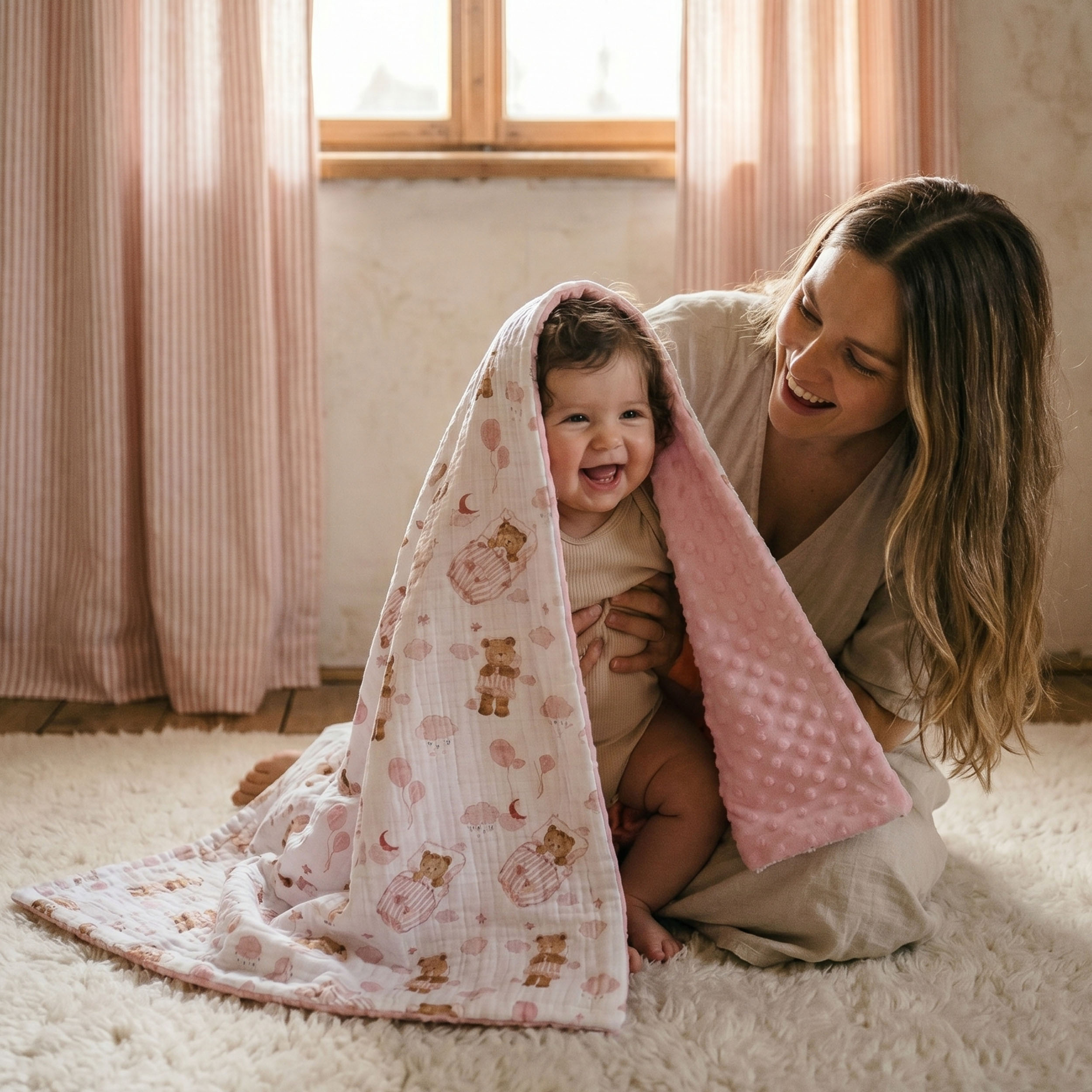 Blush Bear Slumber | Muslin and Fleece Plush Dot Blanket | 30''*40''