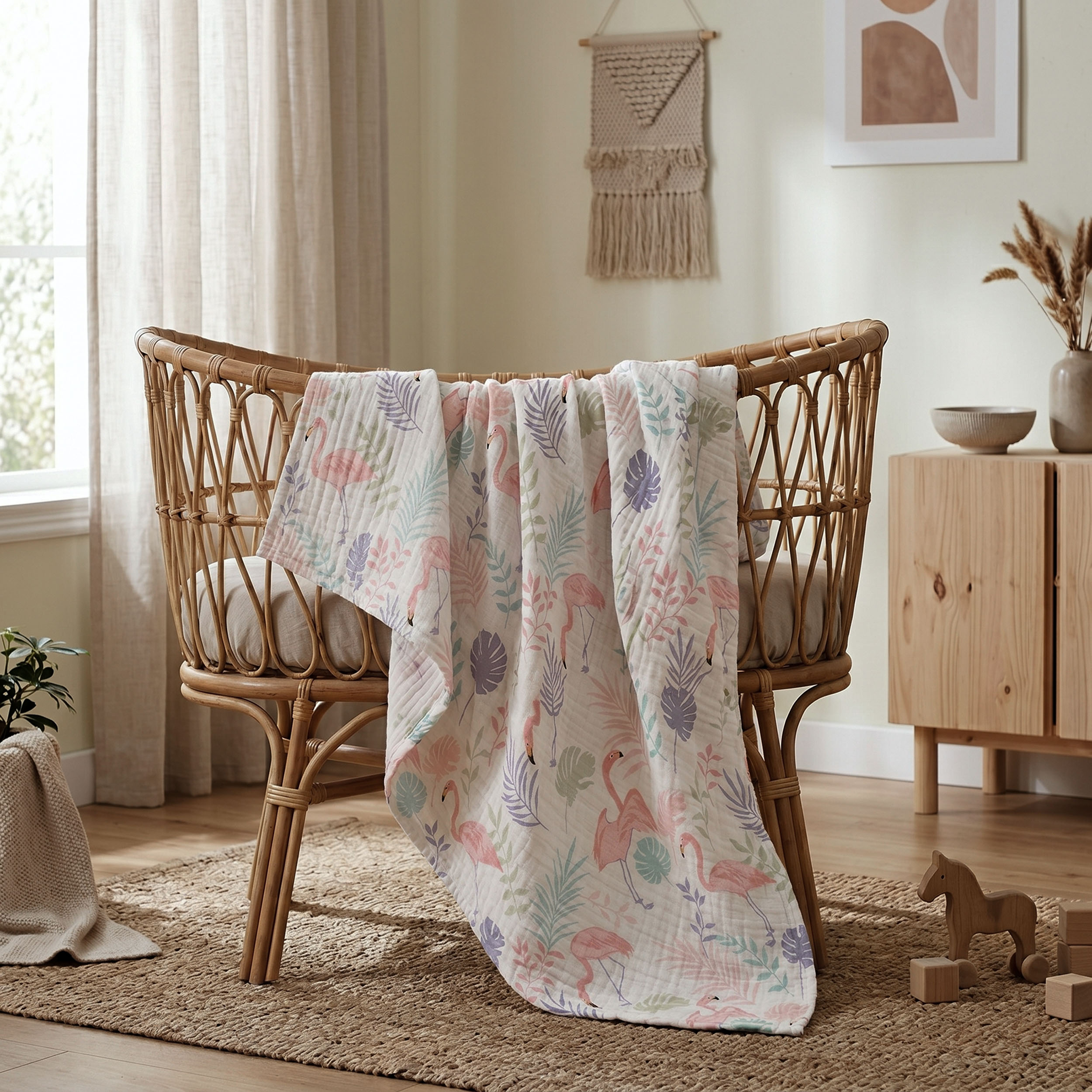 Muslin Swaddle Blankets 3-Pack | 38"x40" | Pink Flamingo Palm