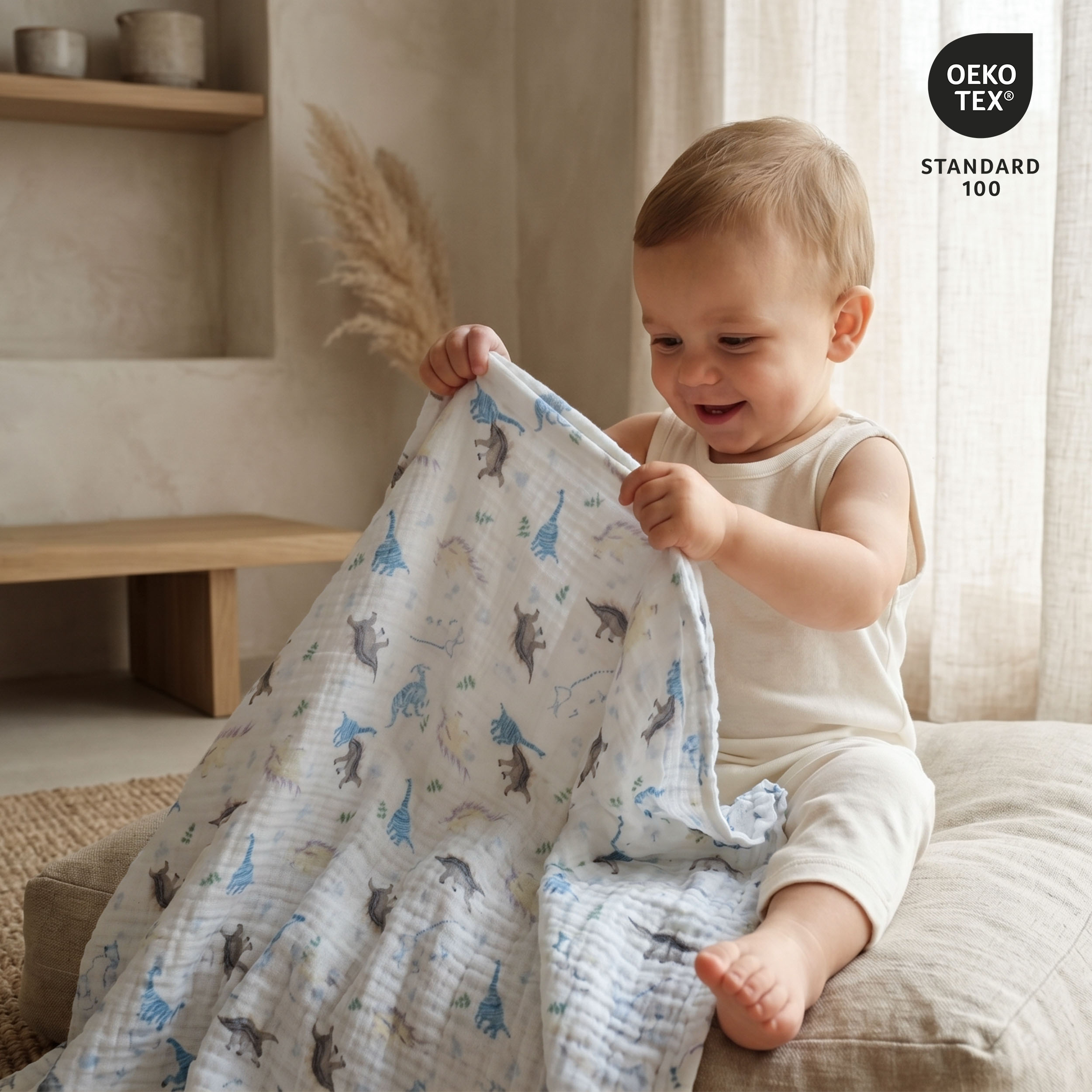 Muslin Swaddle Blankets 5-Pack, 23.5"x23.5" - Blue Dino World