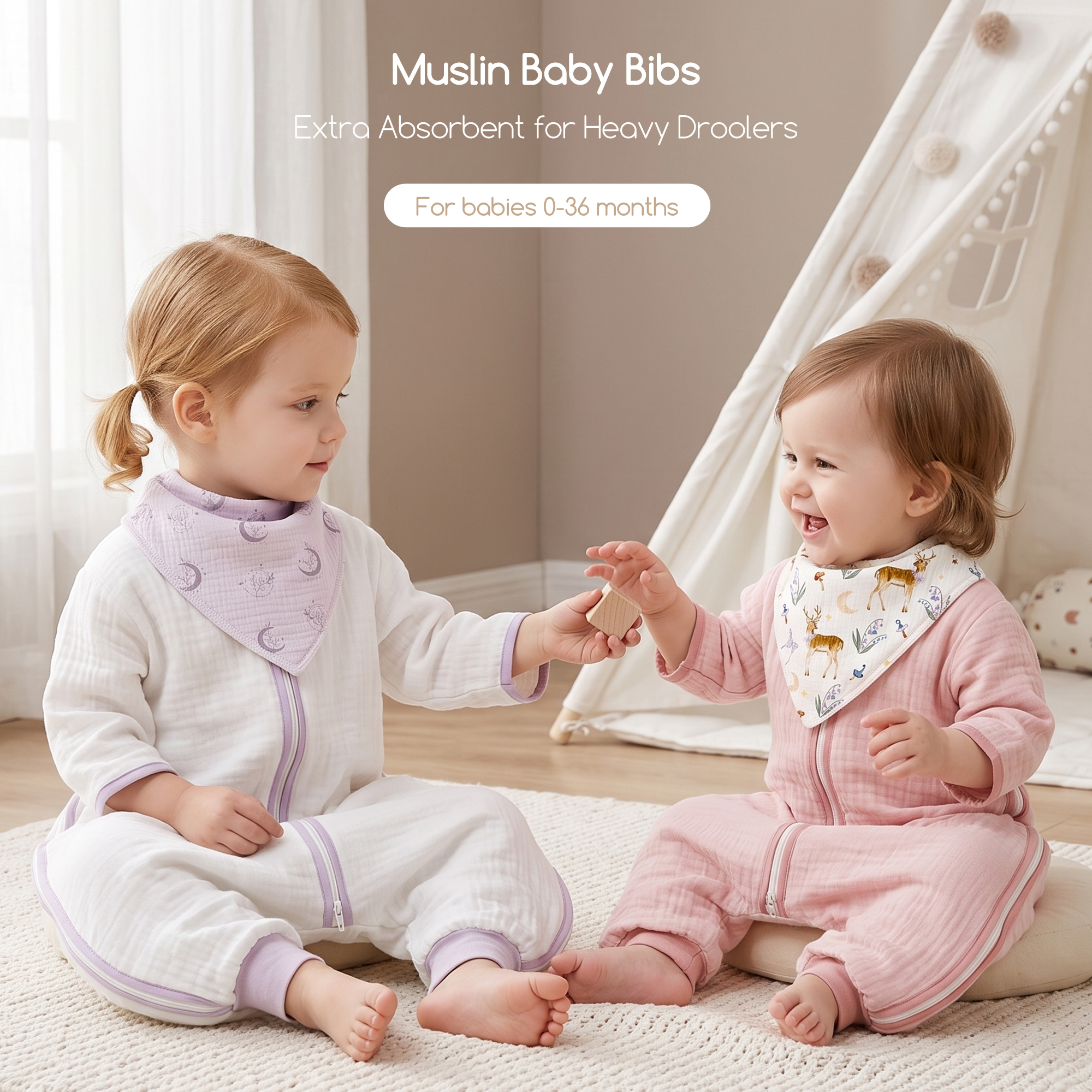 Lavender Deer and Moon | Soft & Absorbent Muslin Bandana Bibs 8 Pack