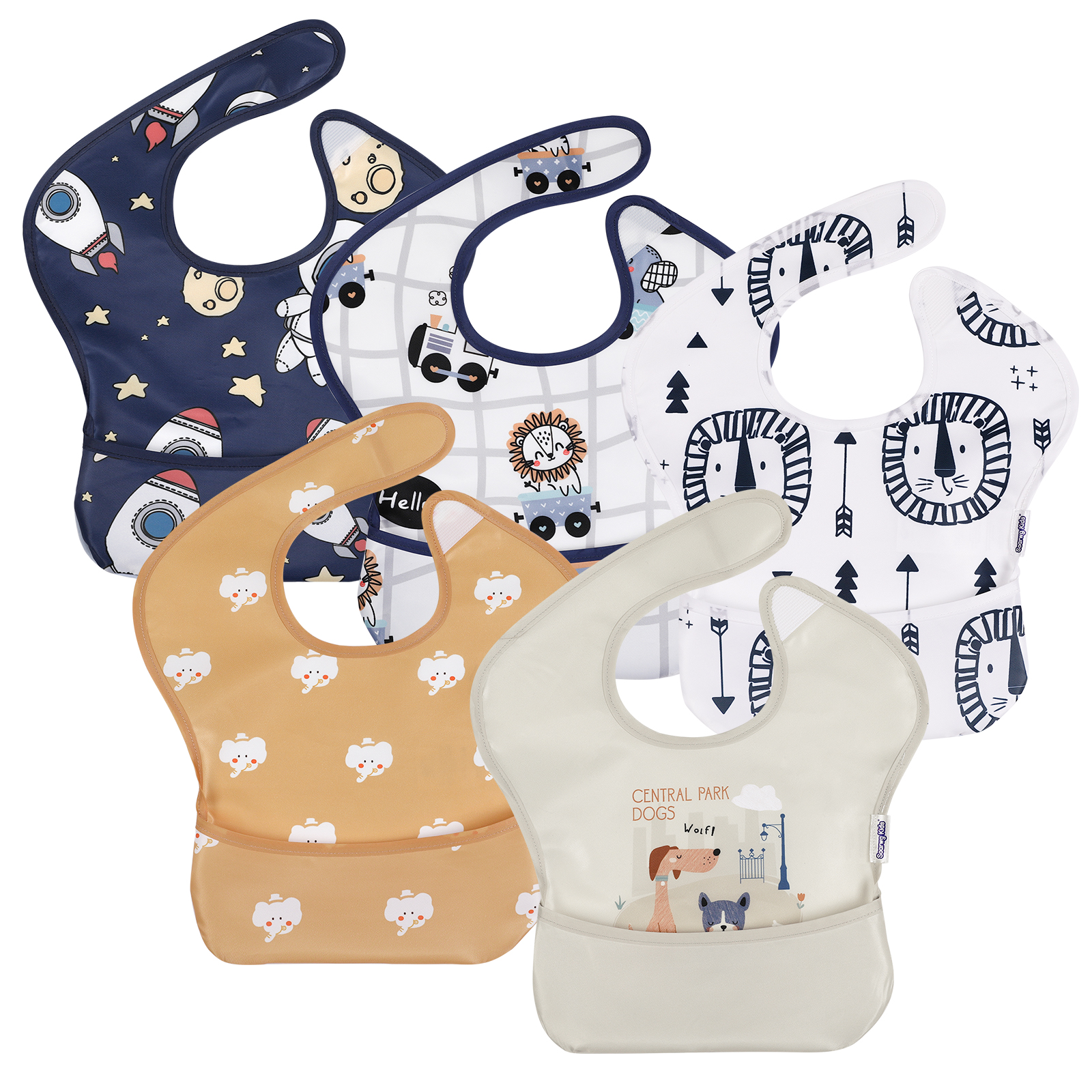 Elephant and Astronaut | Gllquen Baby Waterproof Bibs 5 Pack | 3-24 Months