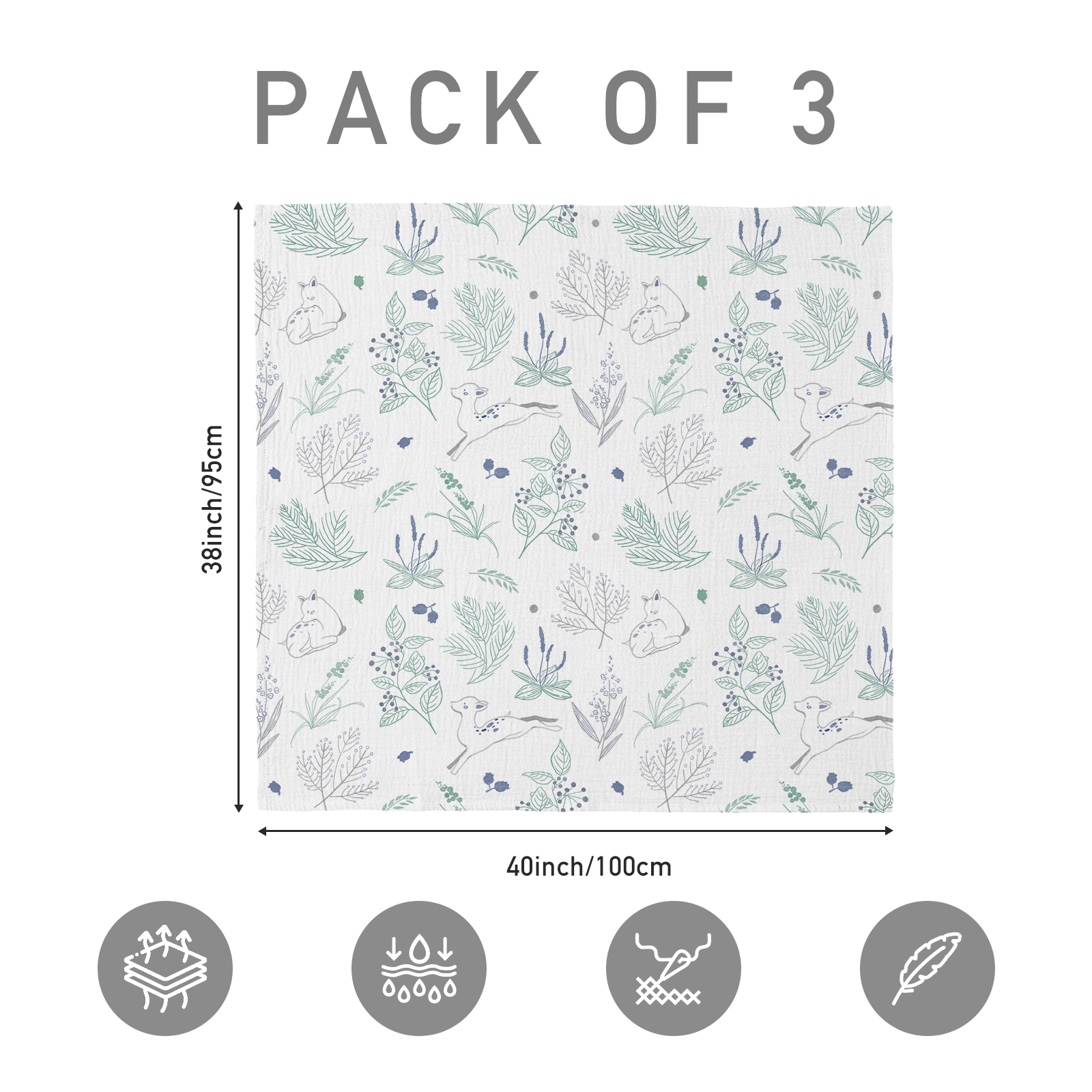 Muslin Swaddle Blankets 3-Pack, 38"x40" - Perky Fawn