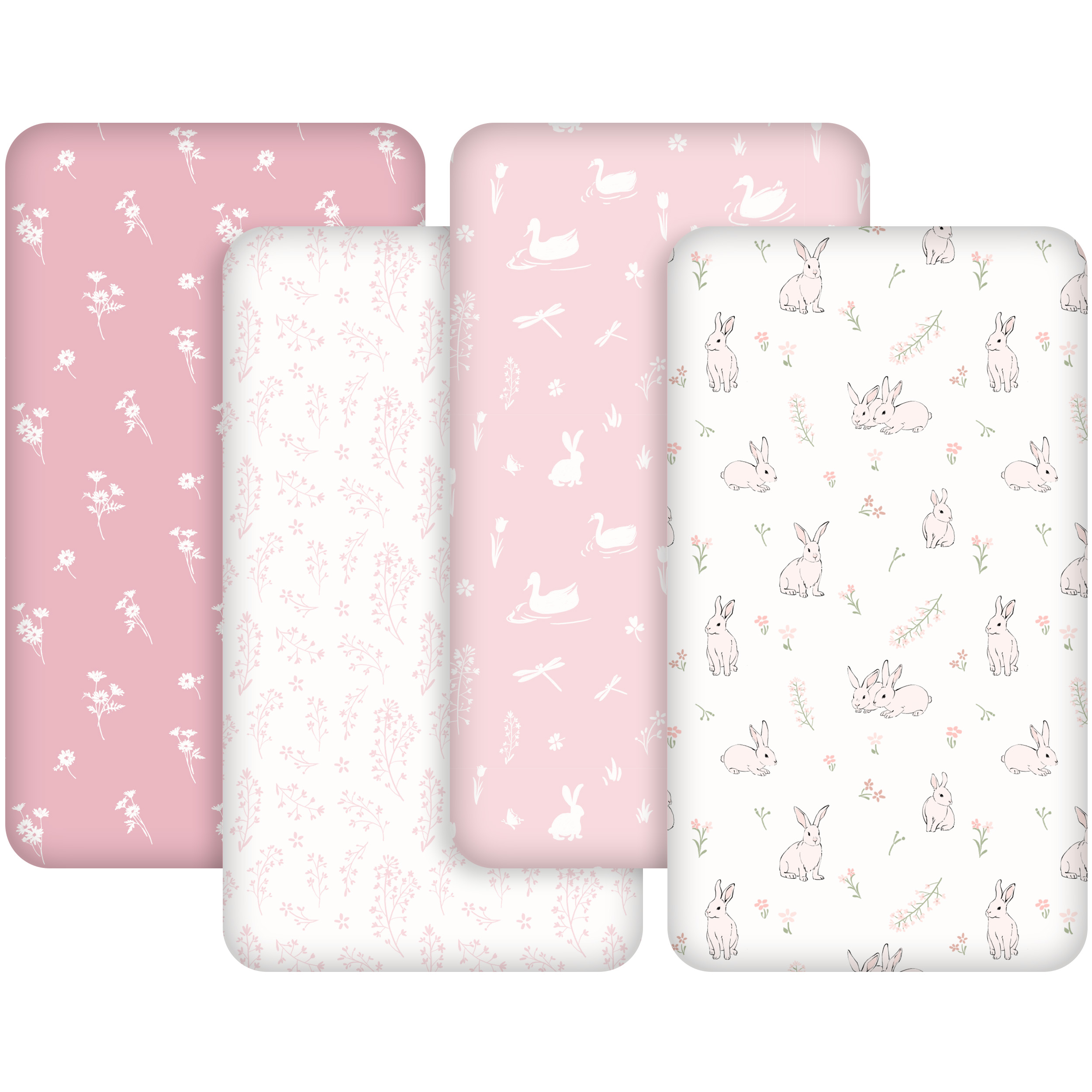 Pink Bunny & Flowers | Fitted Sheets 4-Pack
