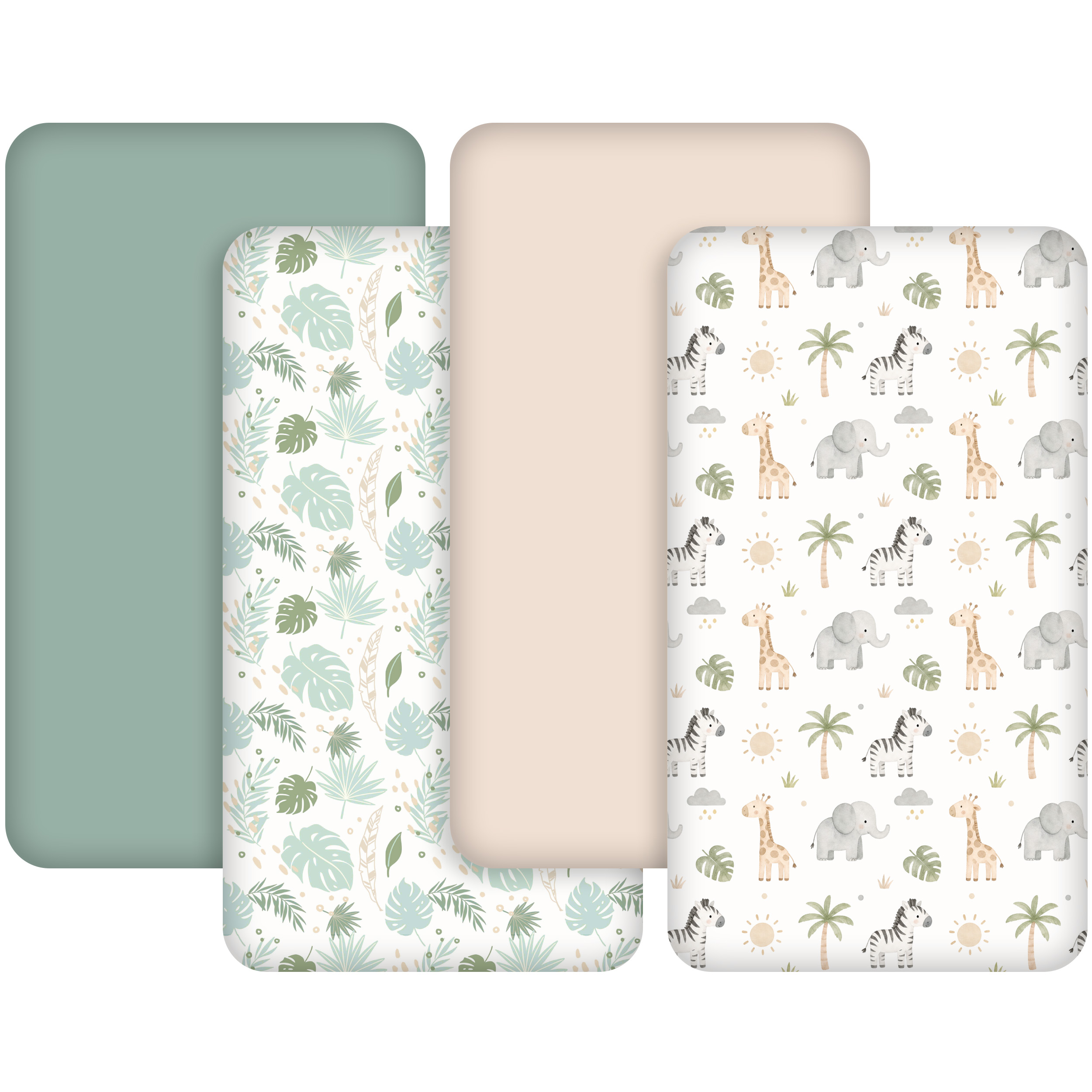 Green Elephant & Giraffe | Fitted Sheets 4-Pack