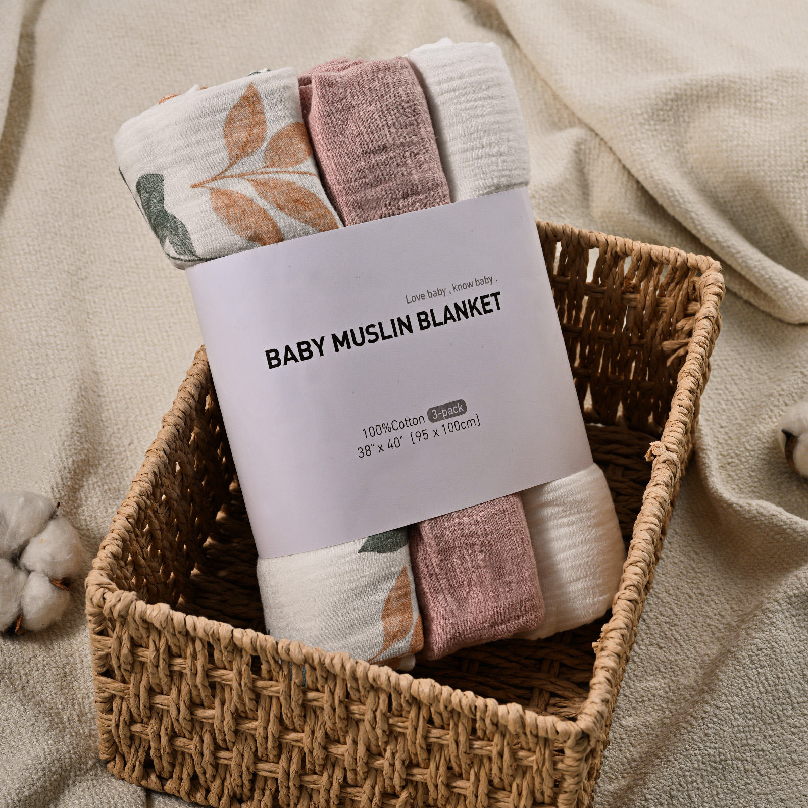 Muslin Swaddle Blankets 3-Pack, 38"x40" - Bicolour Leaf 