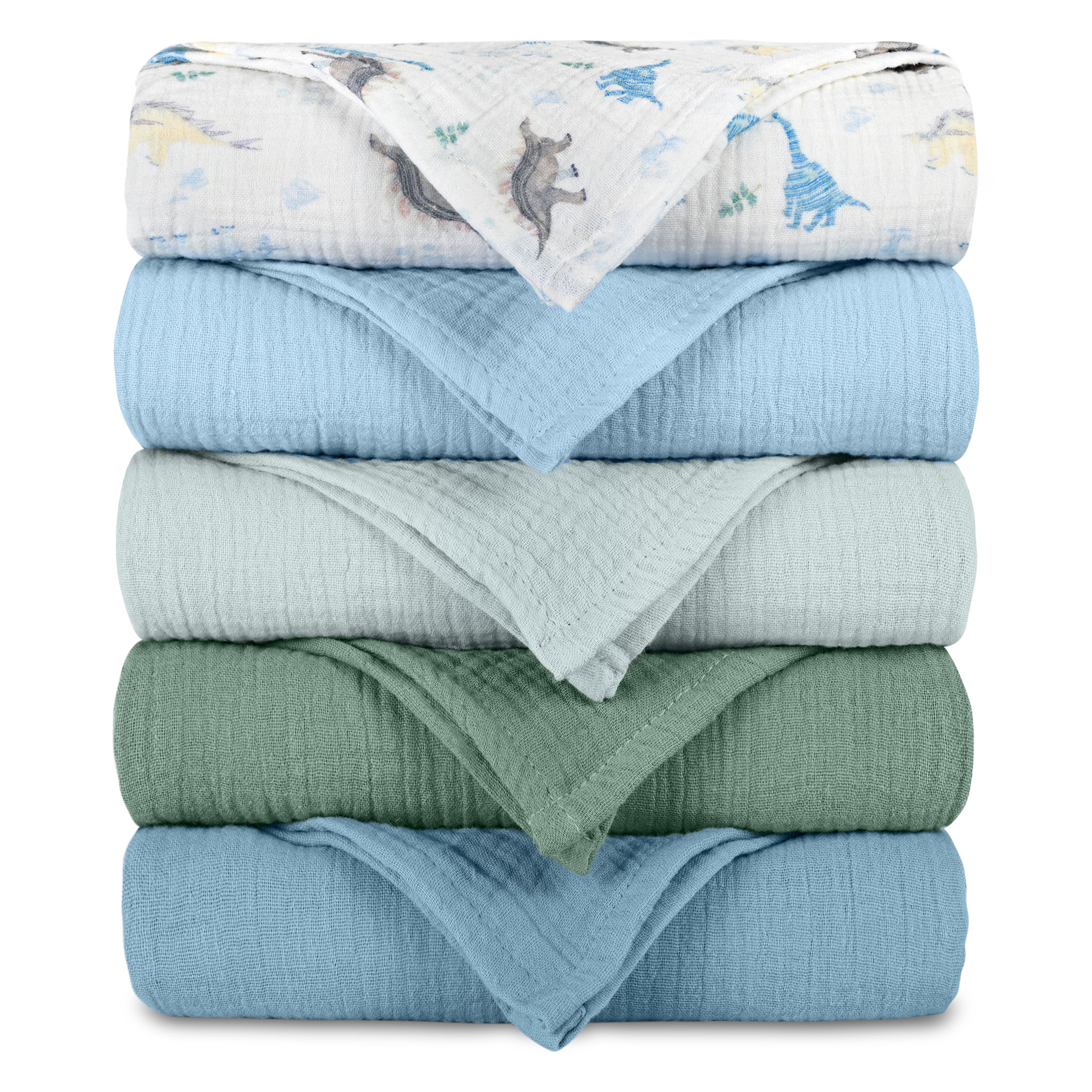 Muslin Swaddle Blankets 5-Pack, 23.5"x23.5" - Blue Dino World