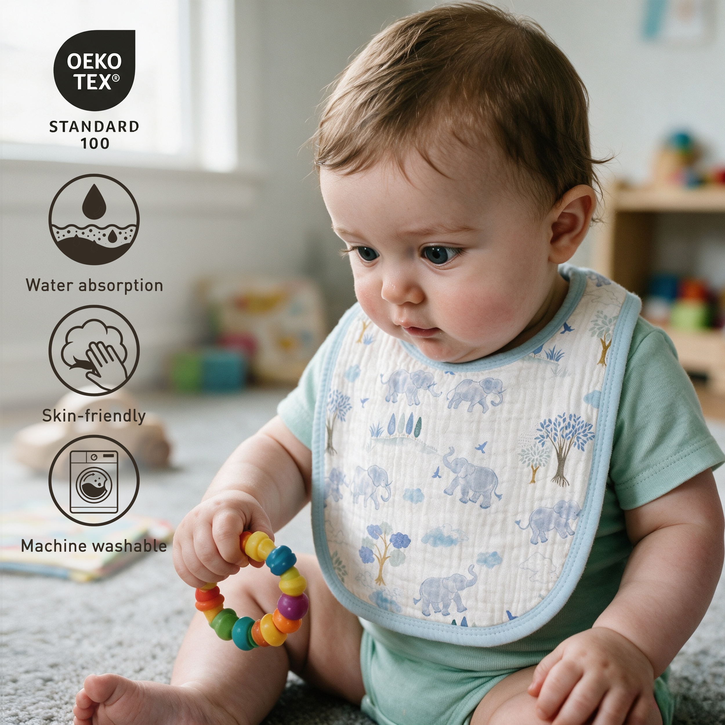 Blue Elephant Safari | baby muslin bibs 8 pack | 0-36 months