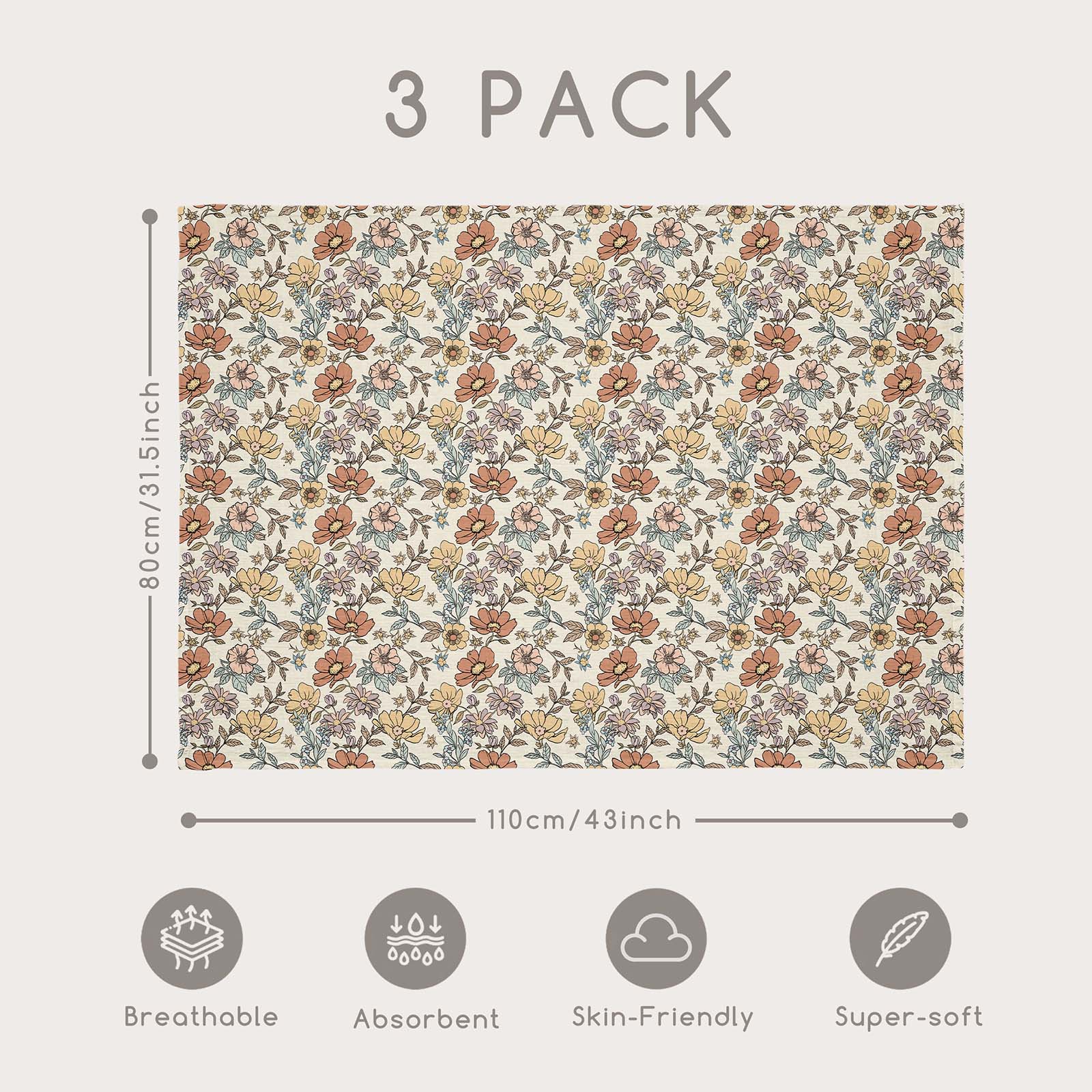 Muslin Swaddle Blankets 4-Pack | 31.5x43" | Vintage Flowers