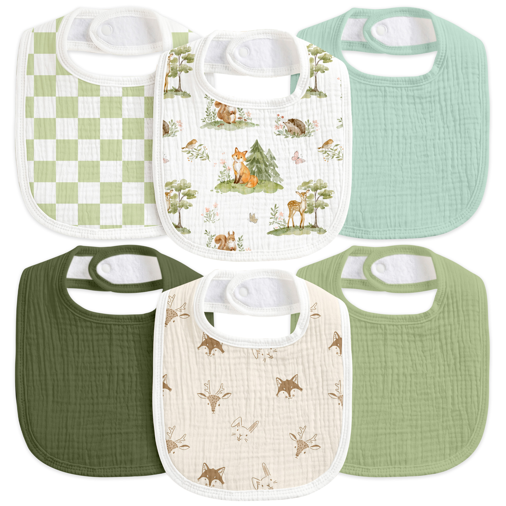 Green Forest Fox | Baby Muslin Bibs 6 Pack | 0-36 Months