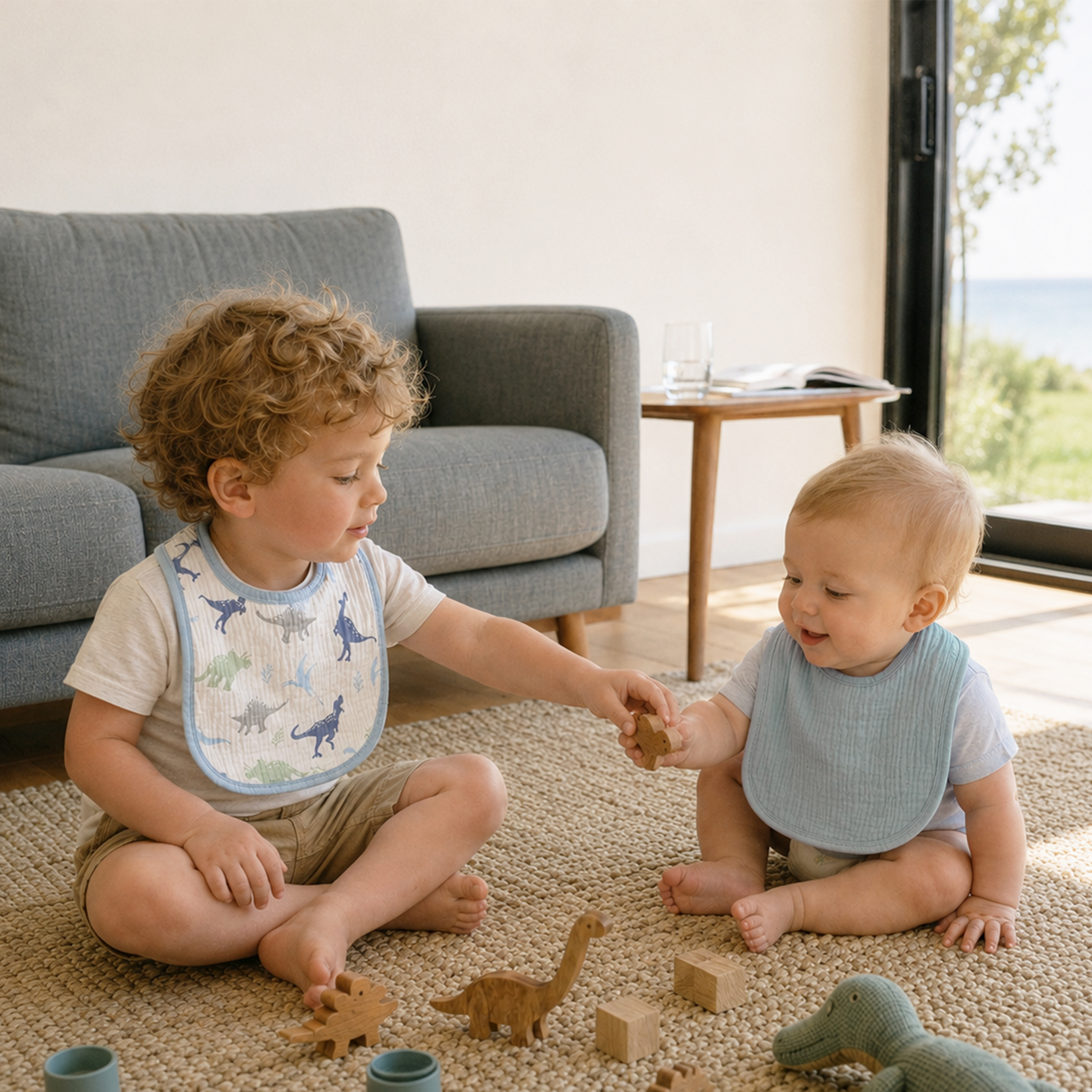 Blue Dino Grove | baby muslin bibs 8 pack | 0-36 months
