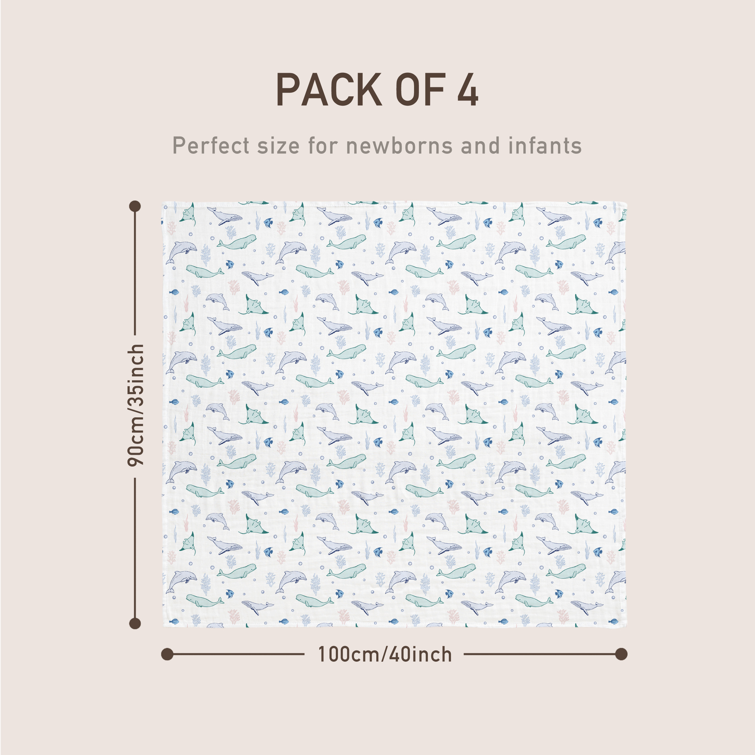 Muslin Swaddle Blankets 4-Pack | 35"x40" | Ocean Whimsy