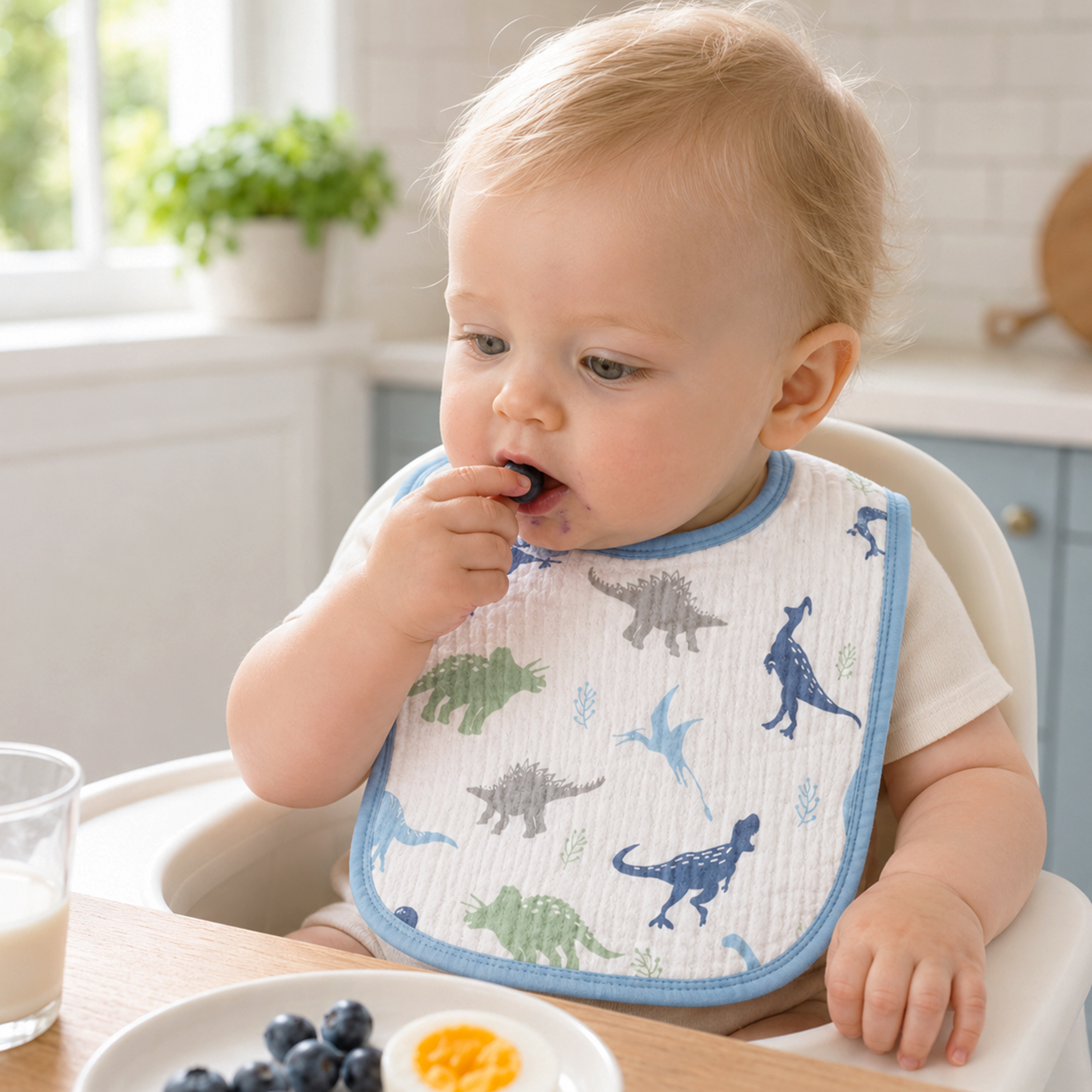 Blue Dino Grove | baby muslin bibs 8 pack | 0-36 months