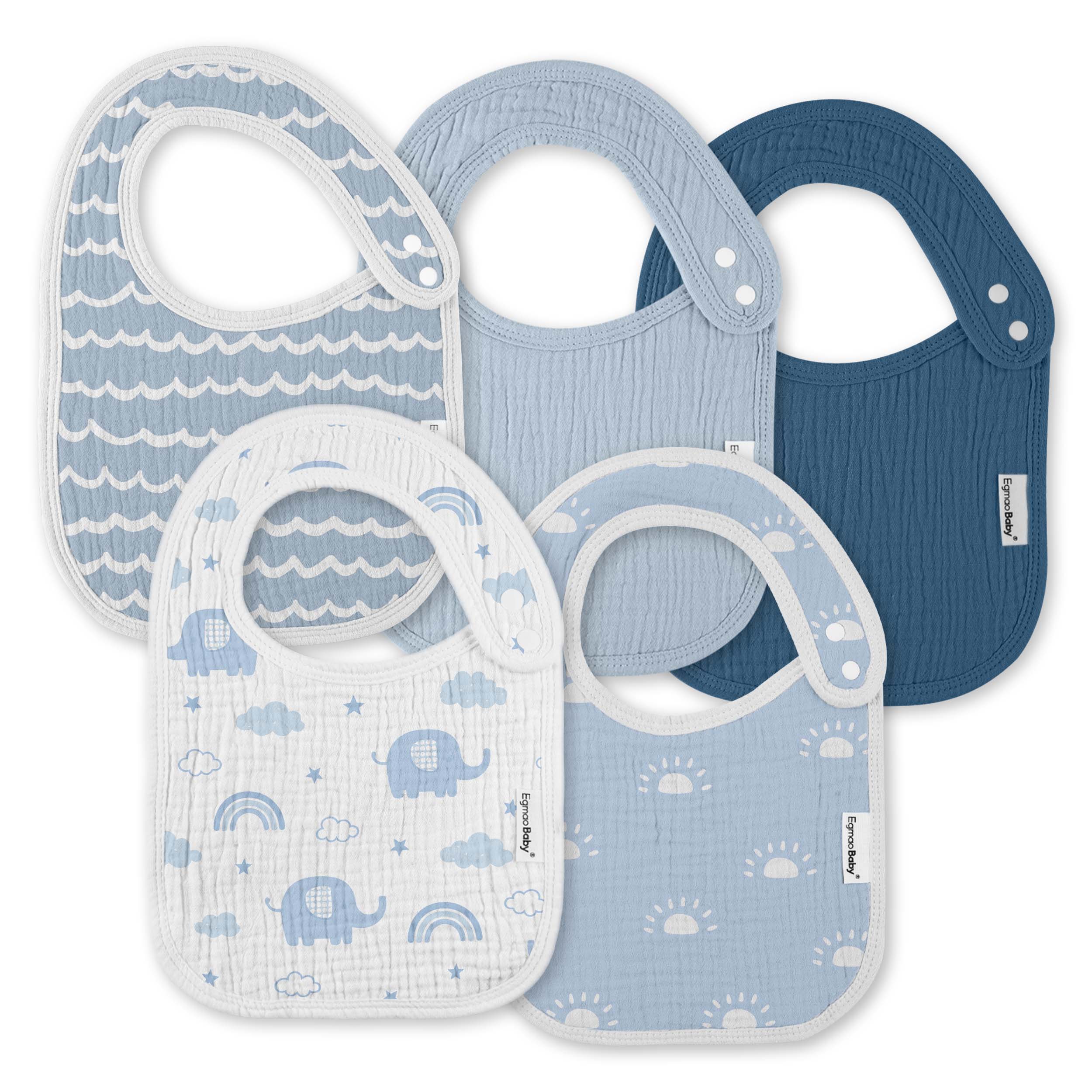 Blue Elephant and Rainbow | baby muslin bibs 5 pack | 0-36 months