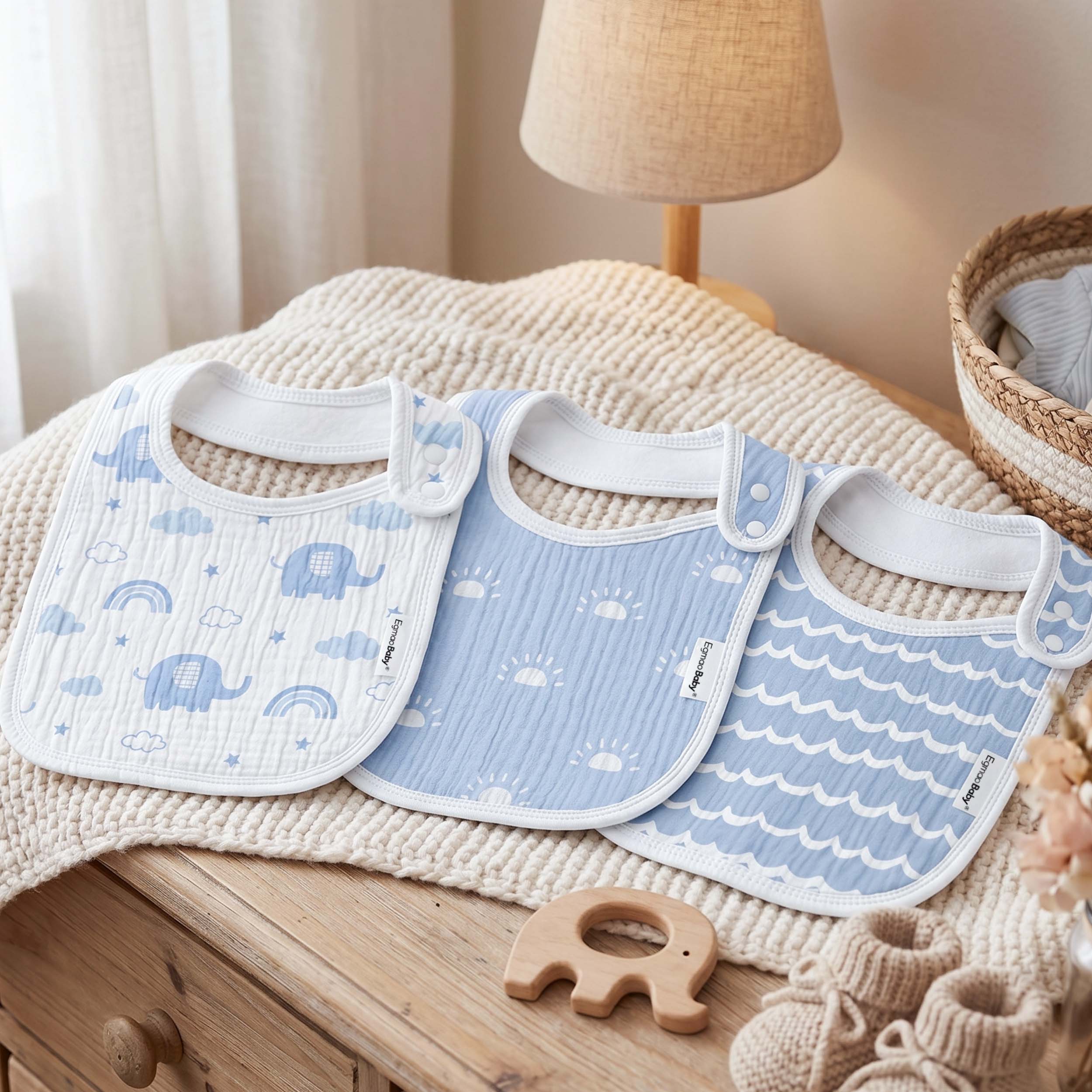 Blue Elephant and Rainbow | baby muslin bibs 5 pack | 0-36 months