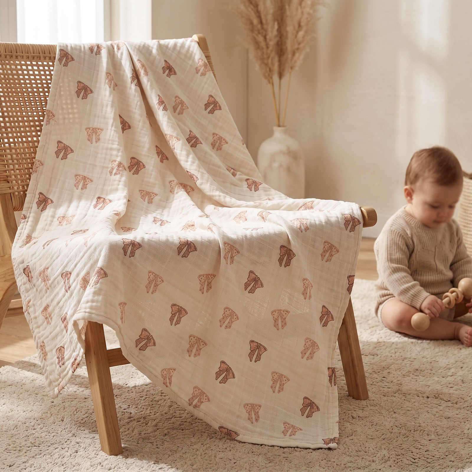 Muslin Swaddle Blankets 4-Pack | 31.5x43.3" | Creamy Ribbon Teddy