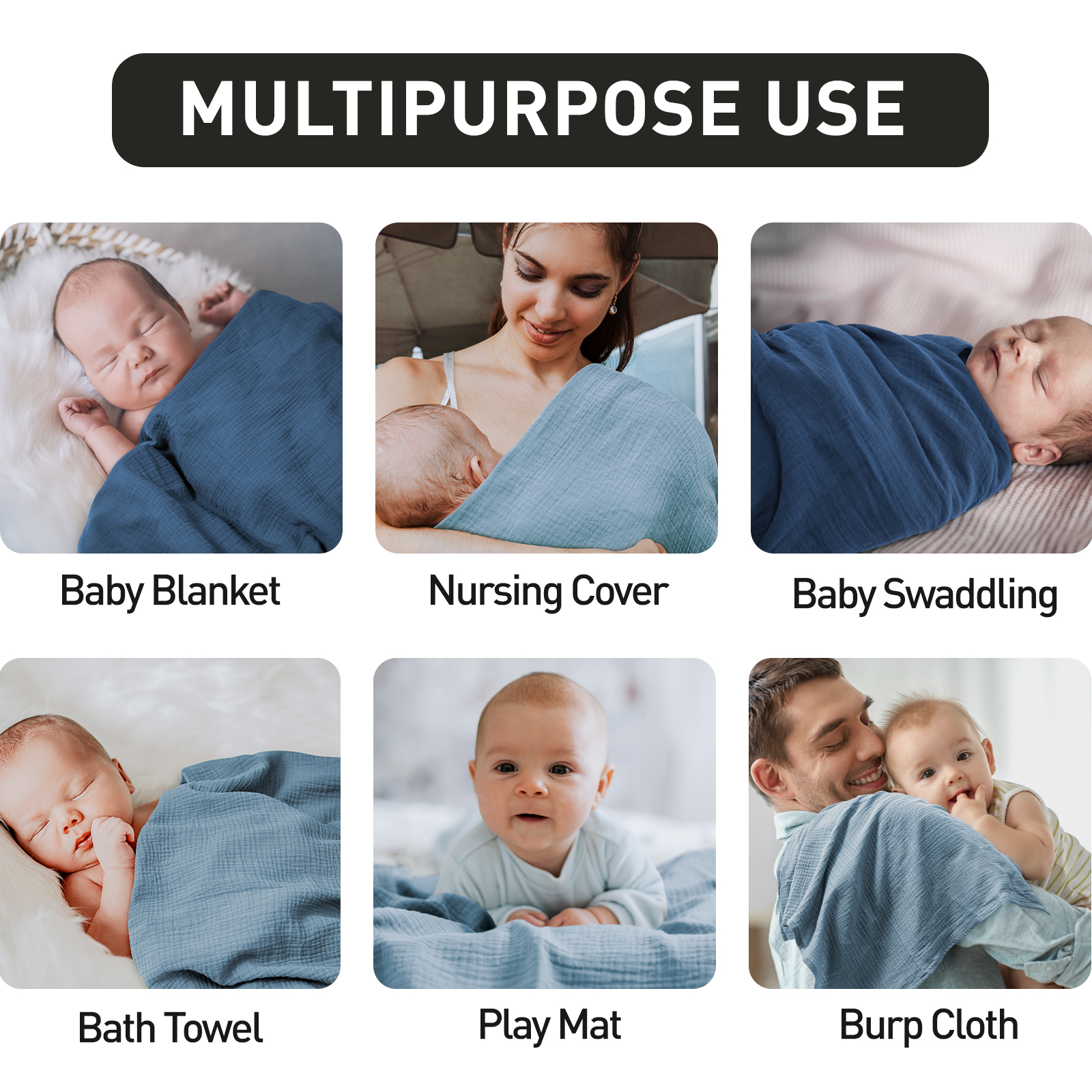 Muslin Swaddle Blankets 2-Pack, 38"x40" - Baby Blue