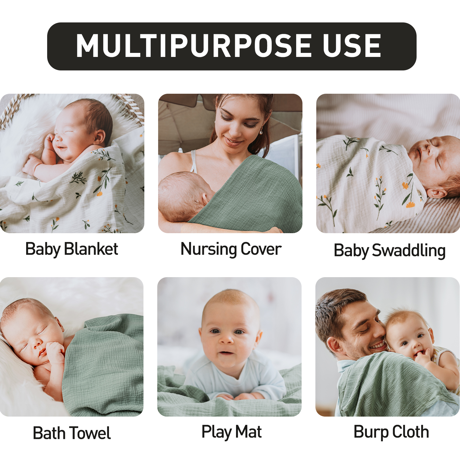 Muslin Swaddle Blankets 2-Pack, 38"x40" - Sage