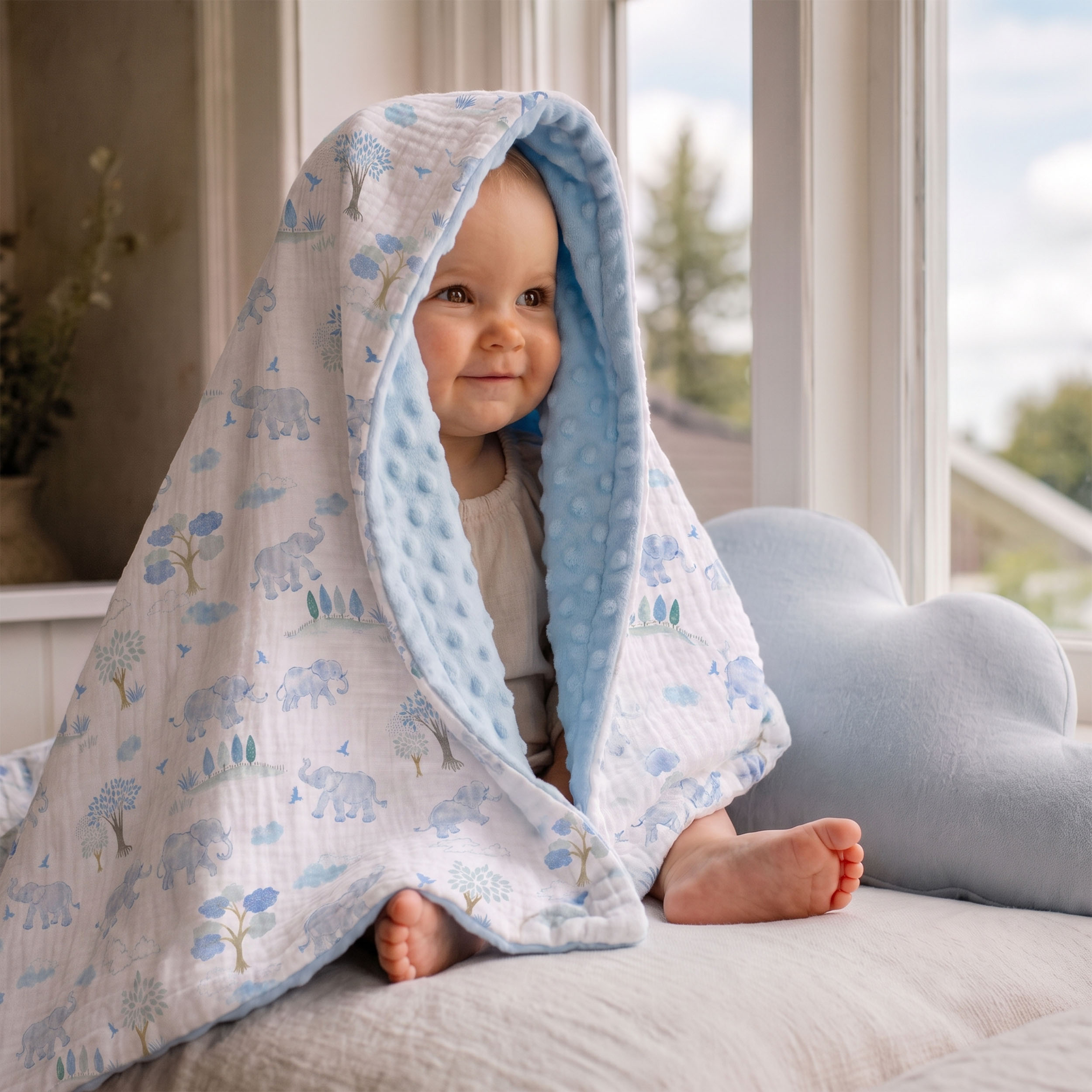Blue Elephant Safari | Muslin and Fleece Plush Dot Blanket | 30''*40''