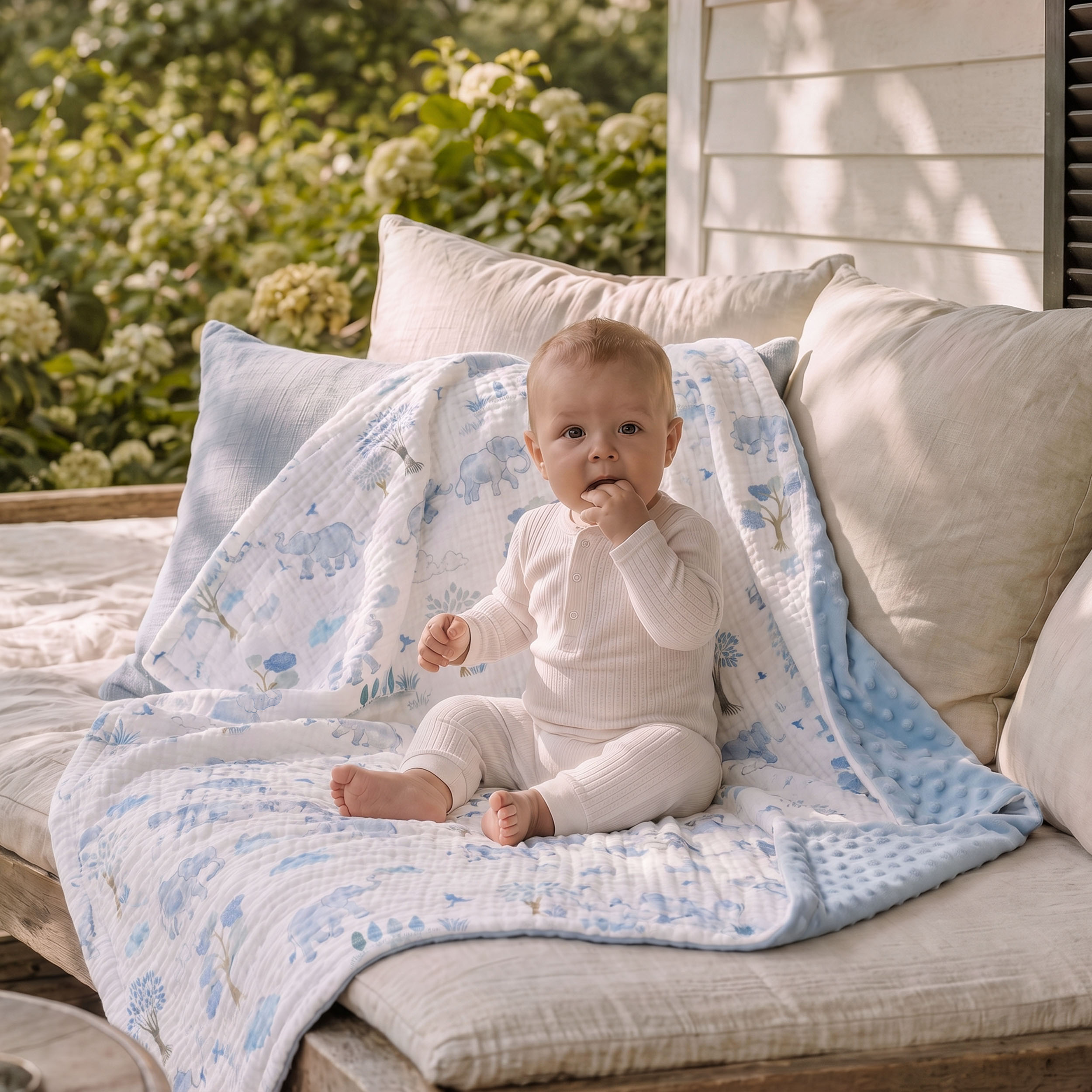 Blue Elephant Safari | Muslin and Fleece Plush Dot Blanket | 30''*40''