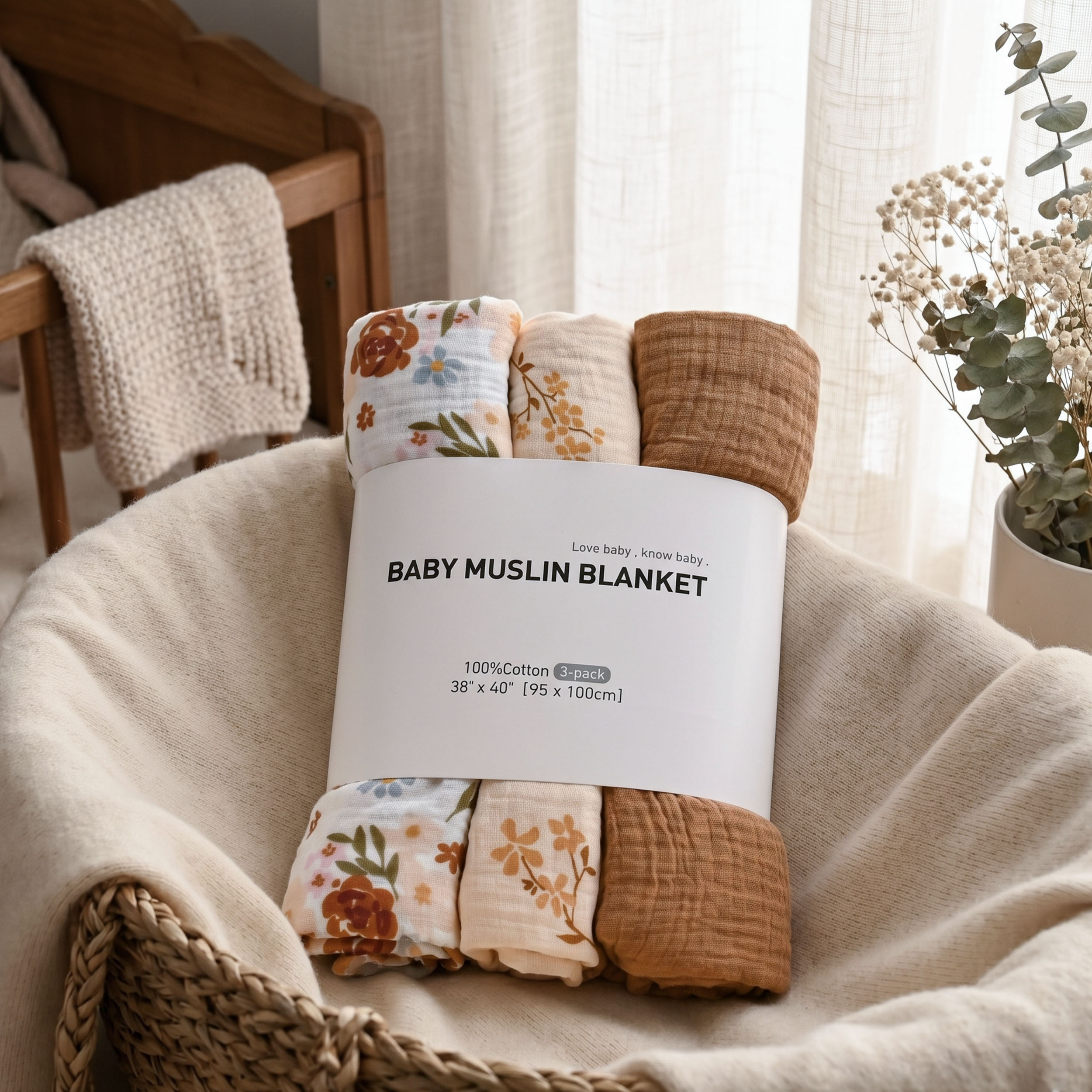 Muslin Swaddle Blankets 3-Pack | 38"x40" | Rustic Meadow Floral