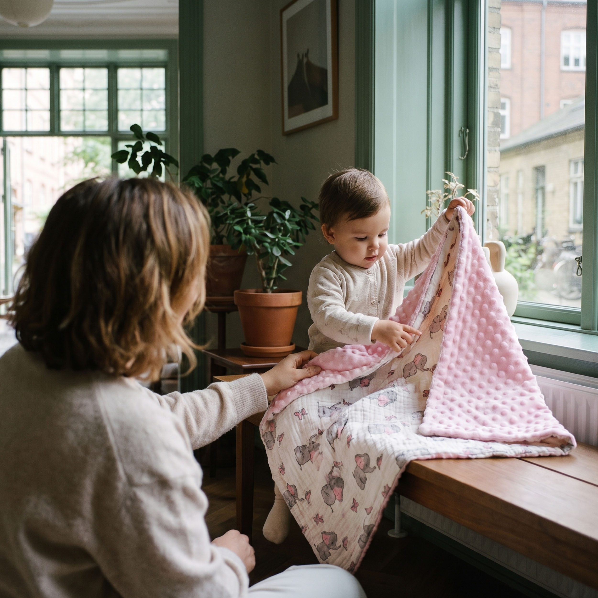 Dusty Elephant Flutter | Muslin and Fleece Plush Dot Blanket | 30''*40''