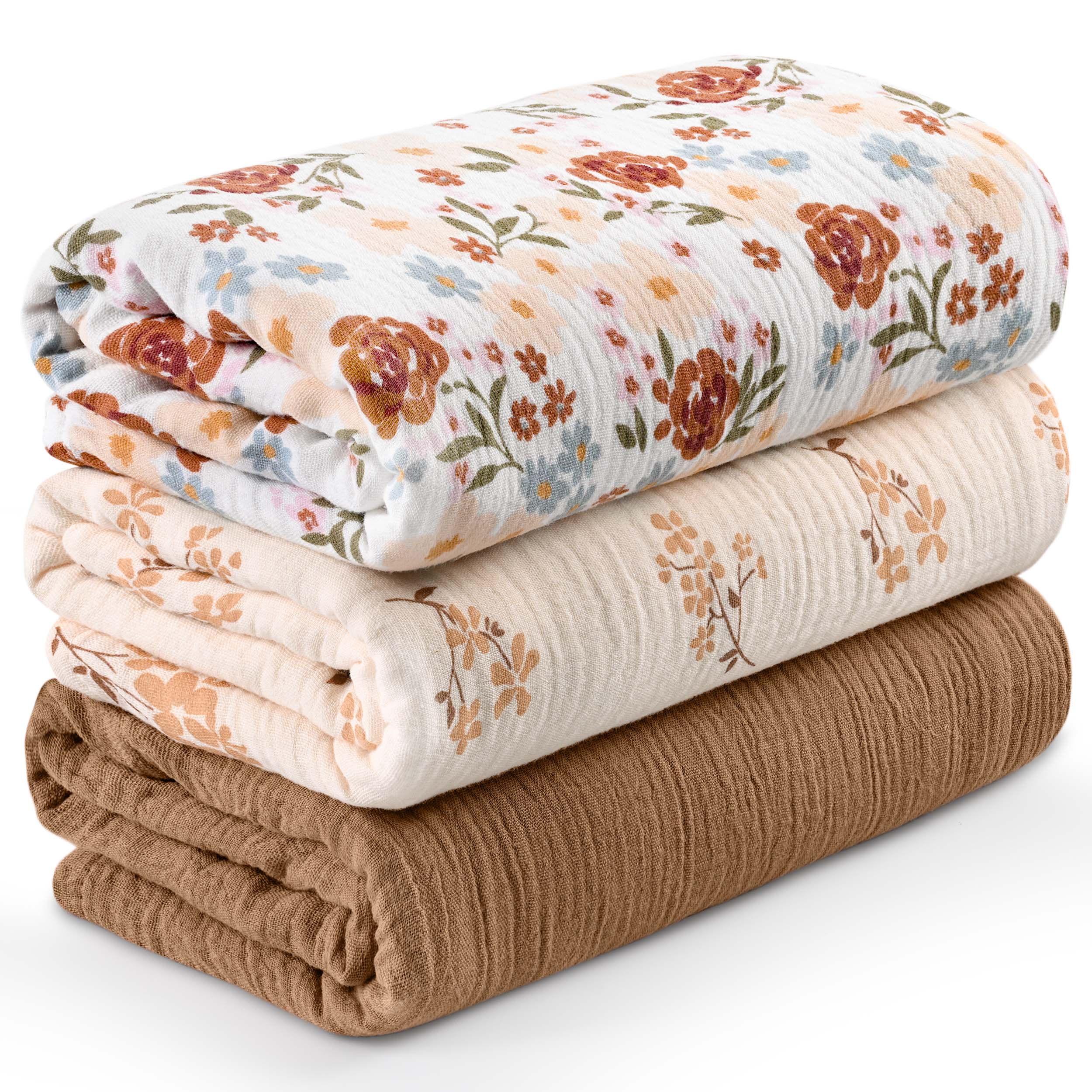 Muslin Swaddle Blankets 3-Pack | 38"x40" | Rustic Meadow Floral