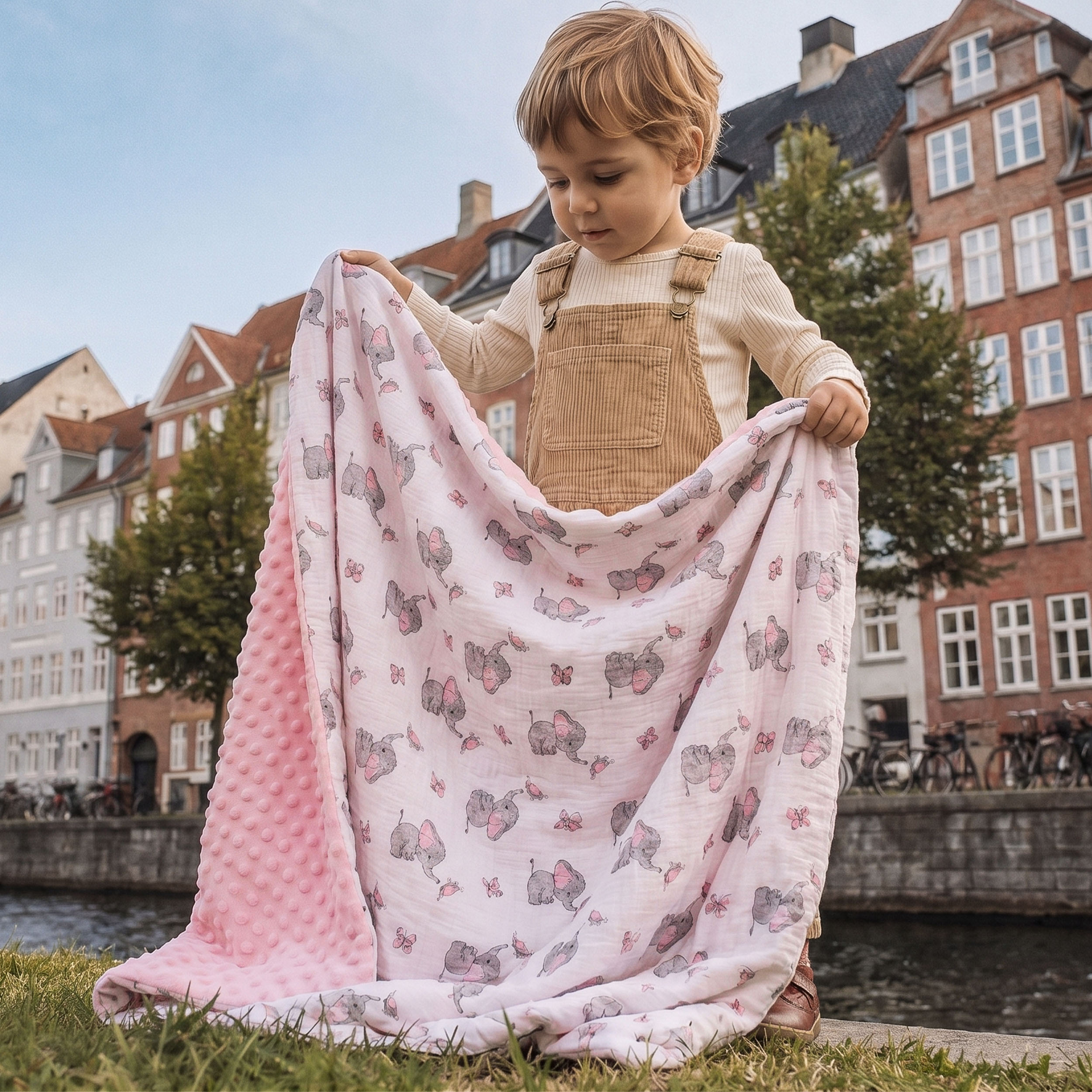 Dusty Elephant Flutter | Muslin and Fleece Plush Dot Blanket | 30''*40''